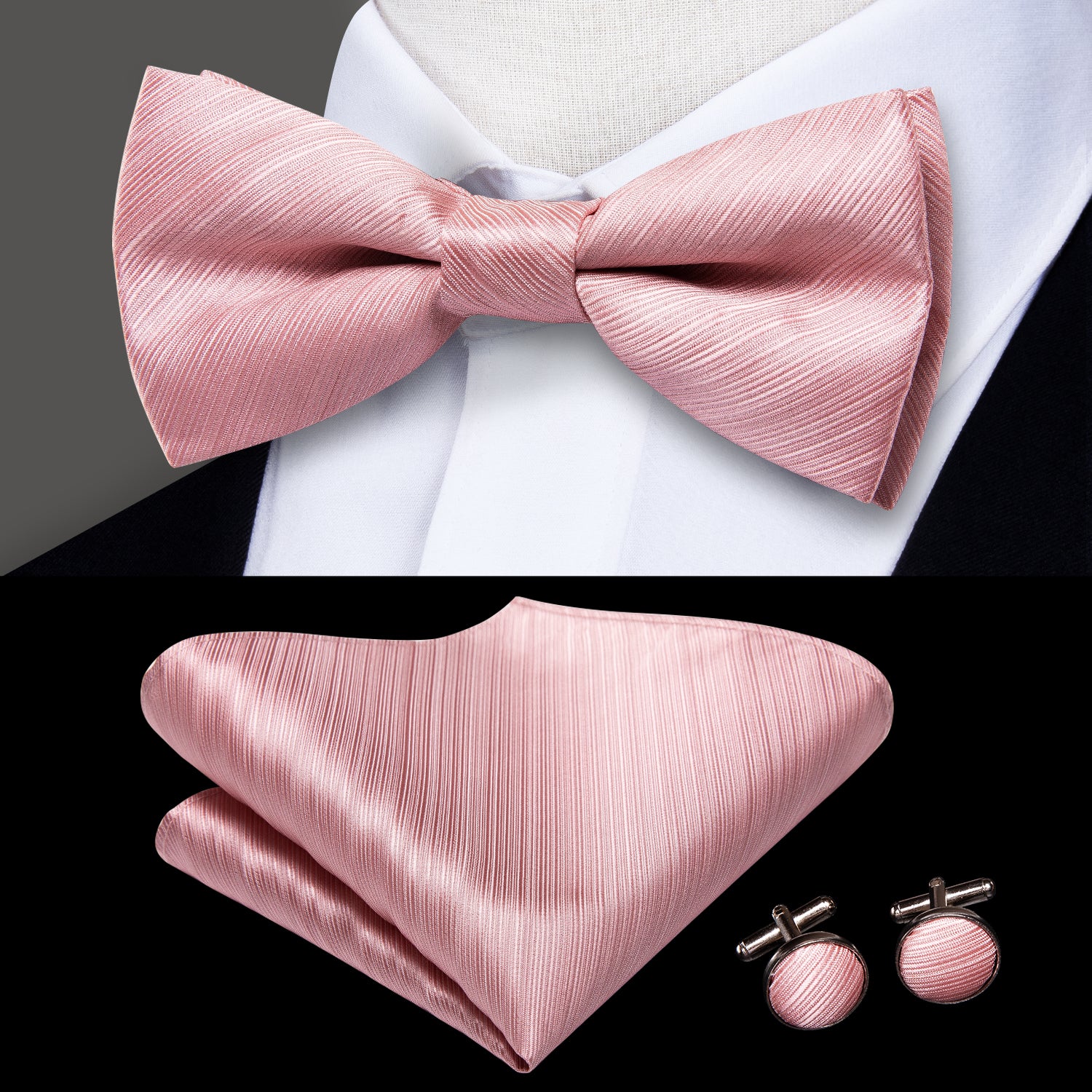 Pink Solid Pre-tied Bow Tie Hanky Cufflinks Set