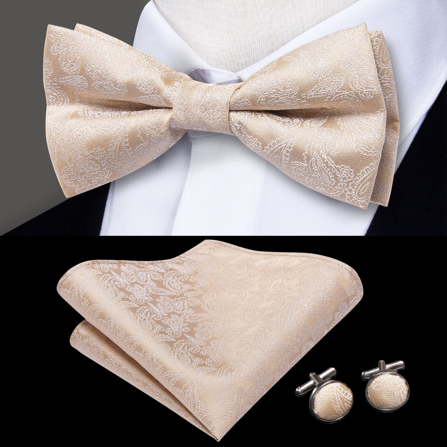 Champagne White Paisley Pre-tied Bow Tie Hanky Cufflinks Set