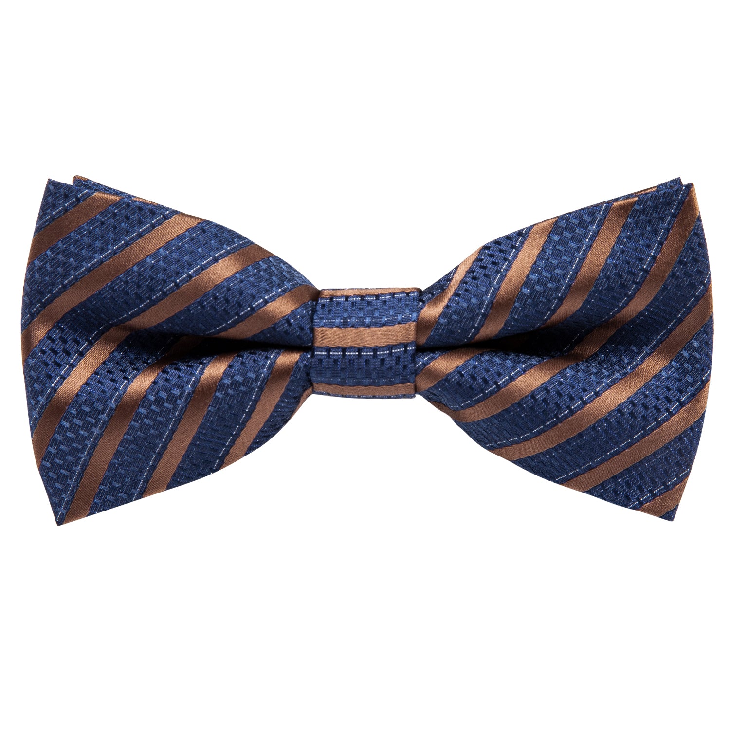 Deep Blue Brown Striped Pre-tied Bow Tie Hanky Cufflinks Set
