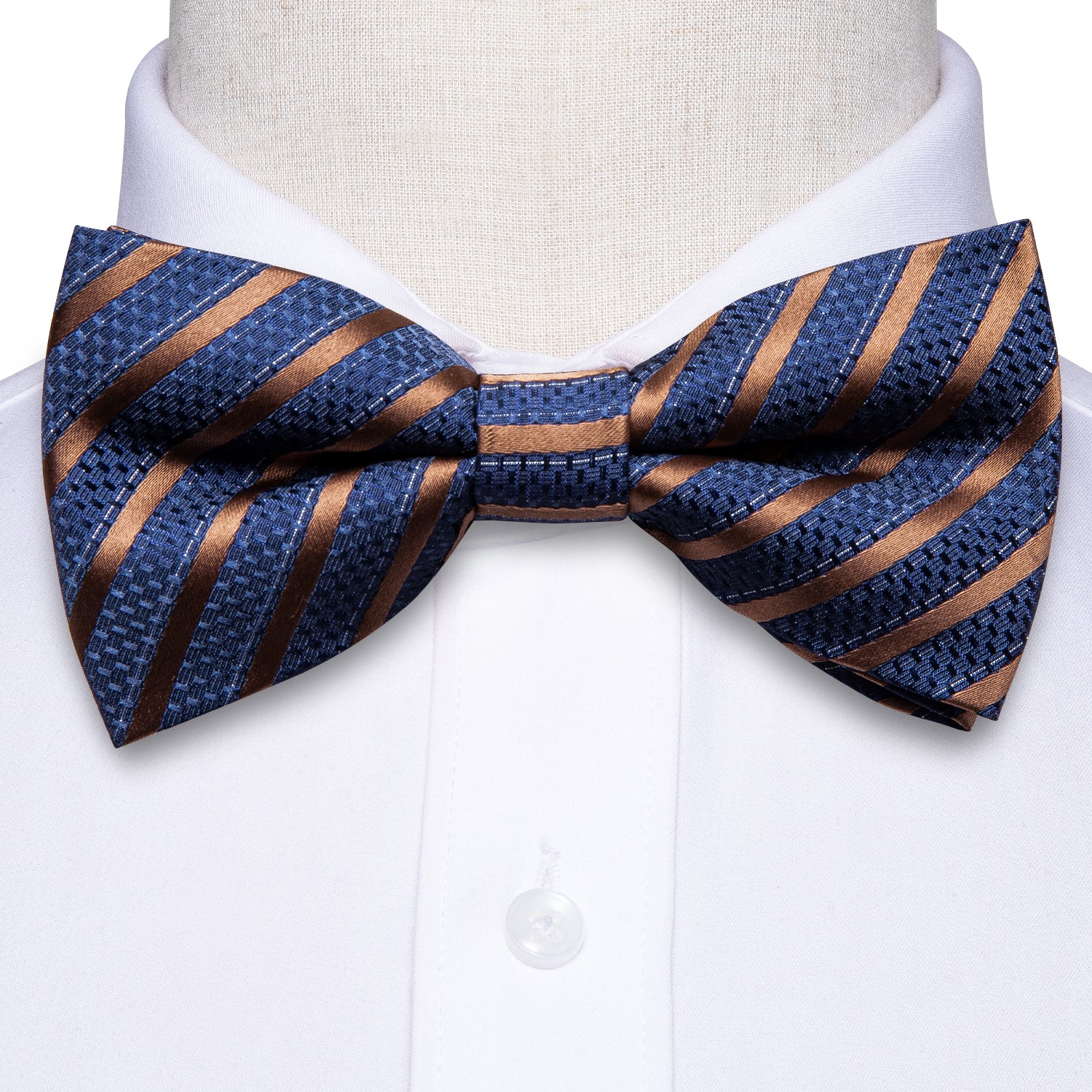 Deep Blue Brown Striped Pre-tied Bow Tie Hanky Cufflinks Set