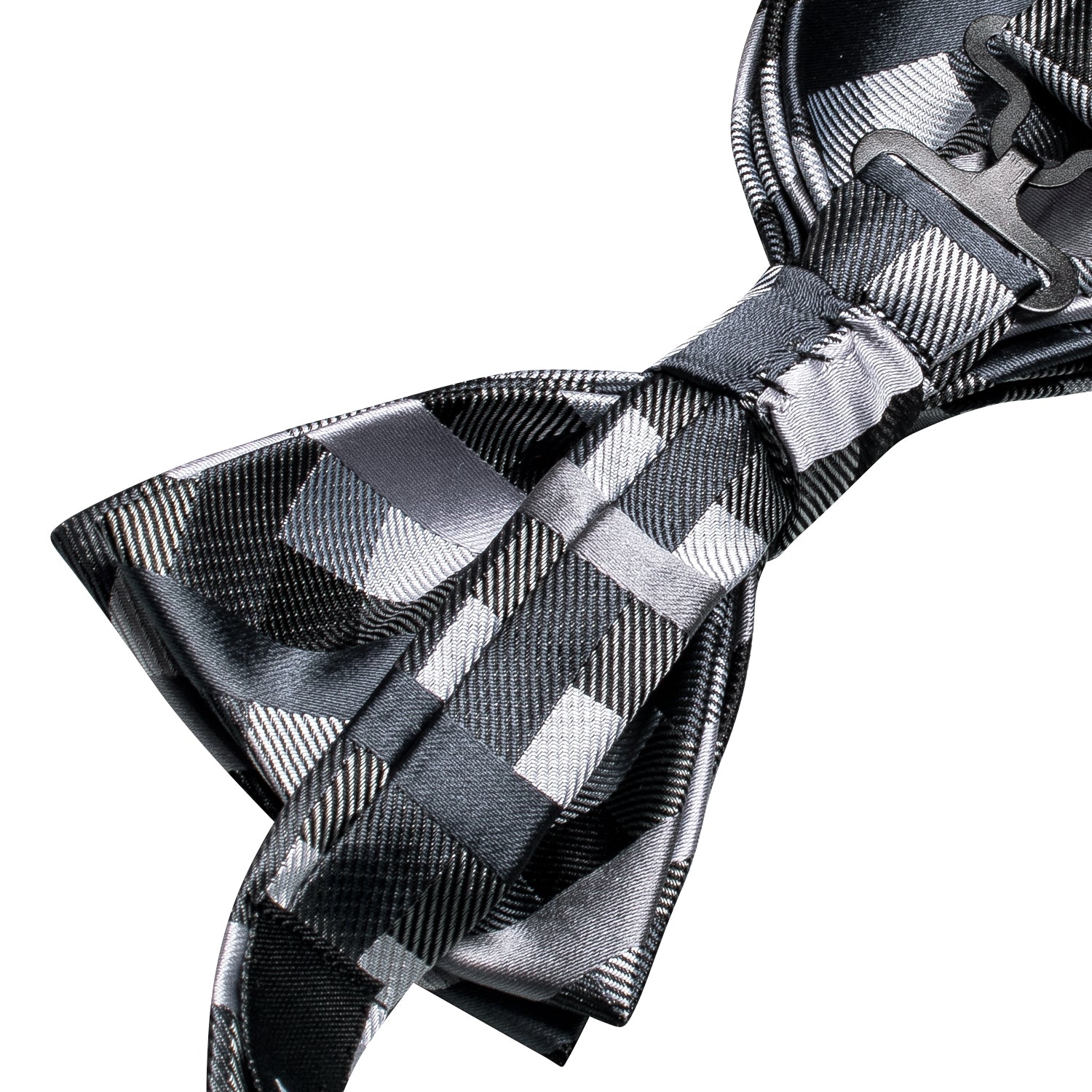 Black Grey Plaid Pre-tied Bow Tie Hanky Cufflinks Set