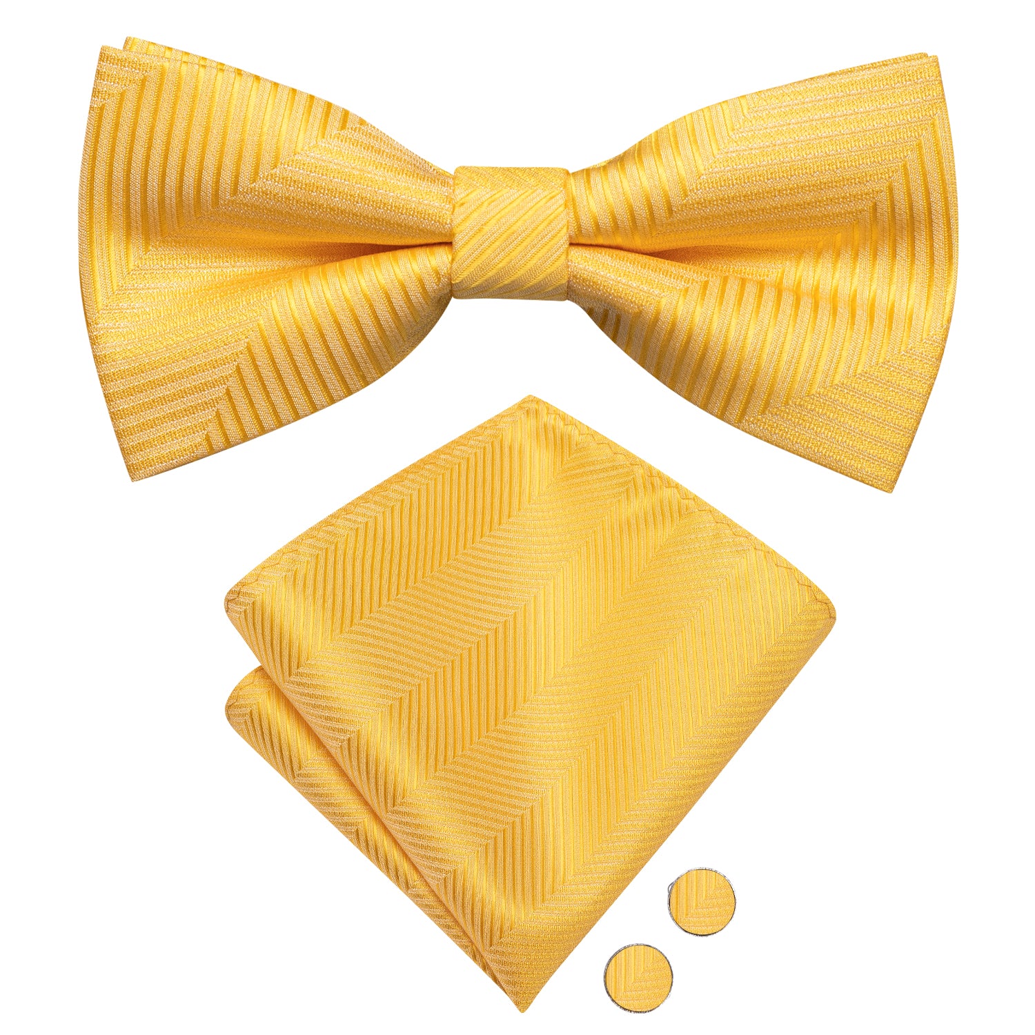 New Yellow Striped Pre-tied Bow Tie Hanky Cufflinks Set