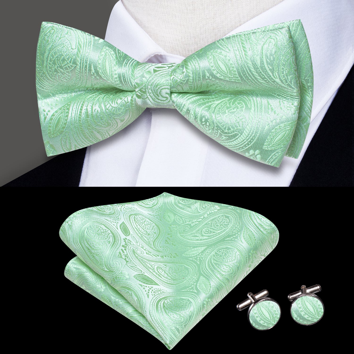 Mint Green Paisley Pre-tied Bow Tie Hanky Cufflinks Set