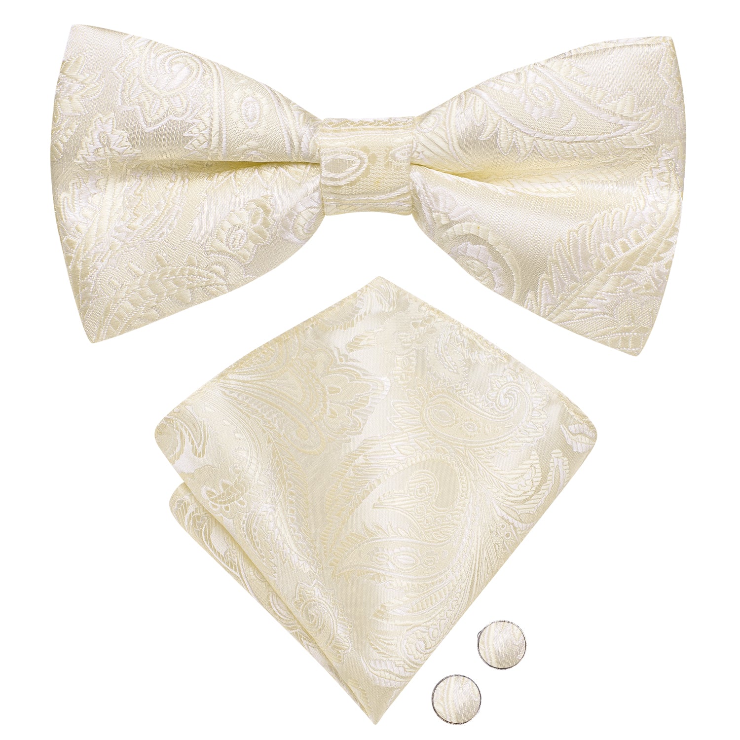Champagne White Paisley Pre-tied Bow Tie Hanky Cufflinks Set
