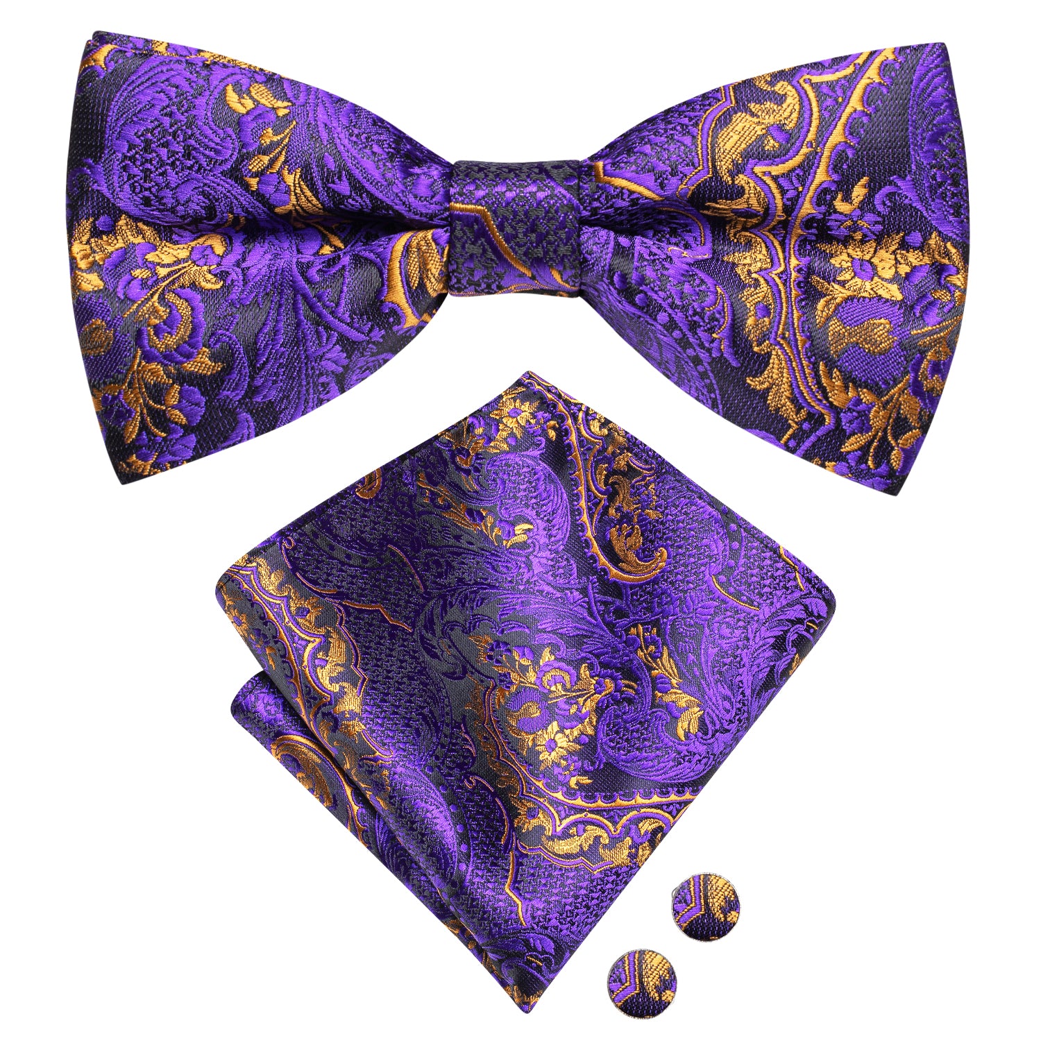 Purple Golden Paisley Pre-tied Bow Tie Hanky Cufflinks Set
