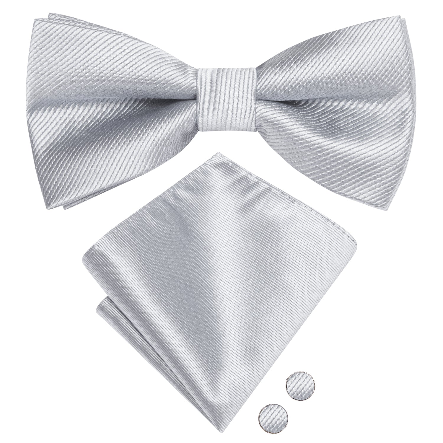 New Silver Grey Striped Pre-tied Bow Tie Hanky Cufflinks Set