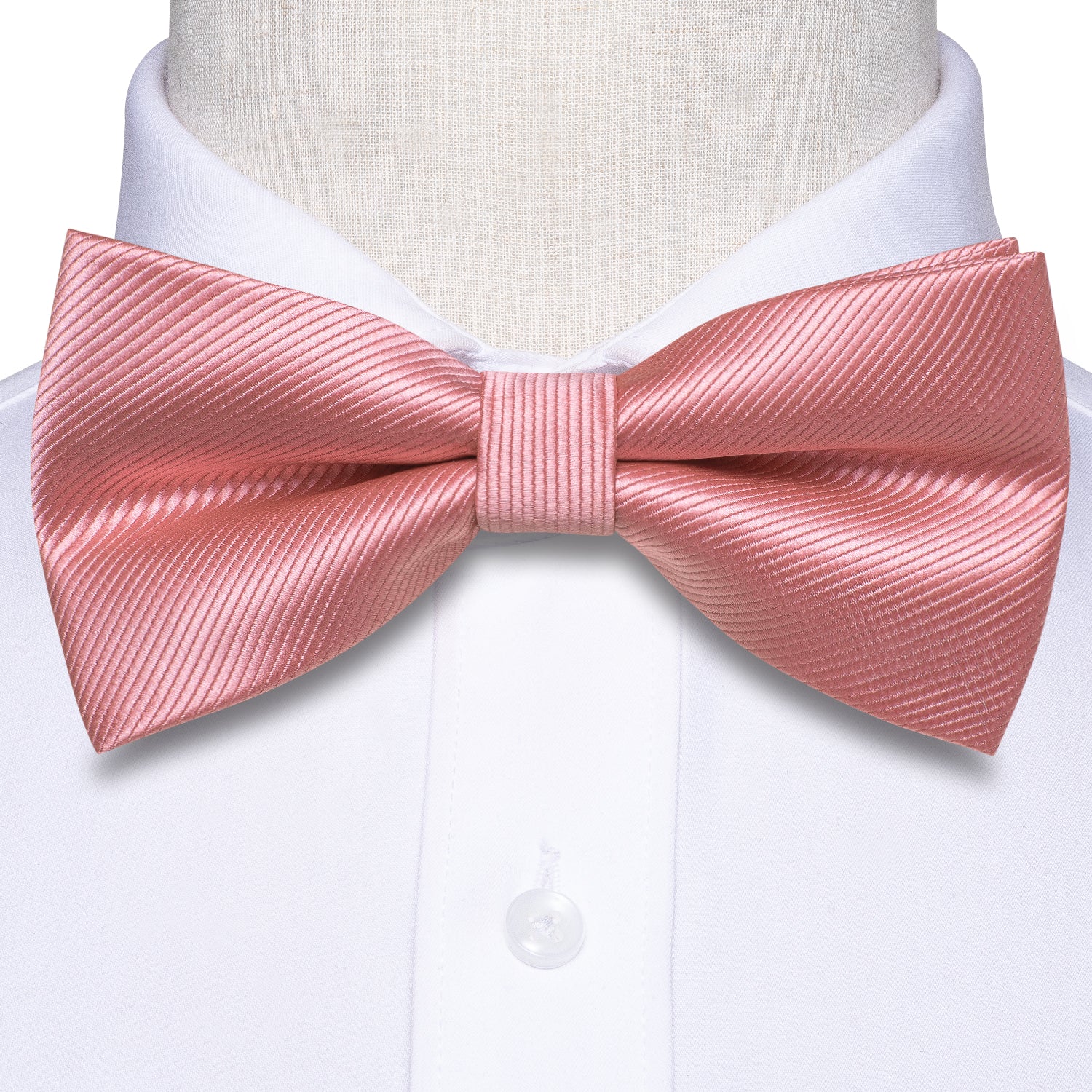 Salmon Pink Striped Pre-tied Bow Tie Hanky Cufflinks Set