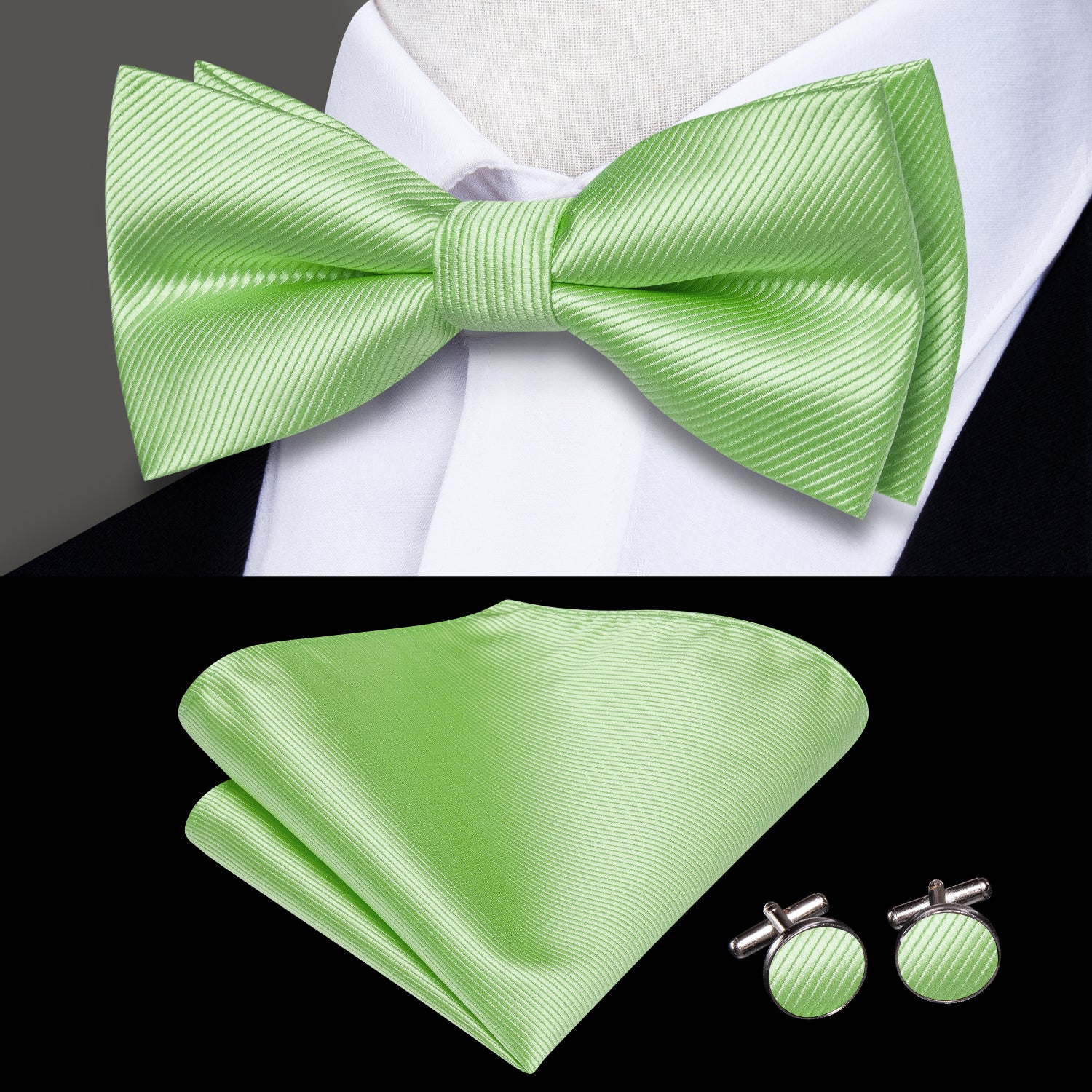 Light Green Striped Pre-tied Bow Tie Hanky Cufflinks Set