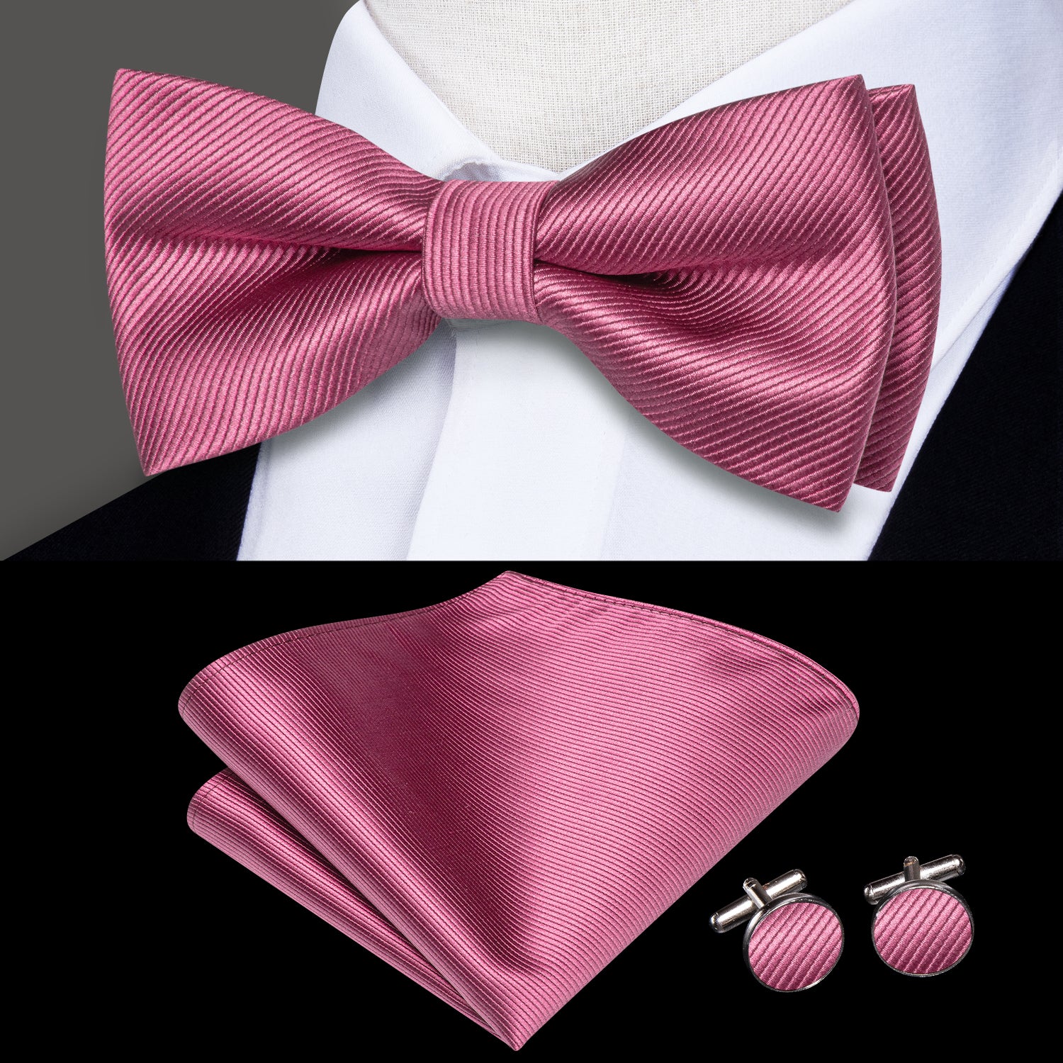 Fuchsia Pink Striped Pre-tied Bow Tie Hanky Cufflinks Set