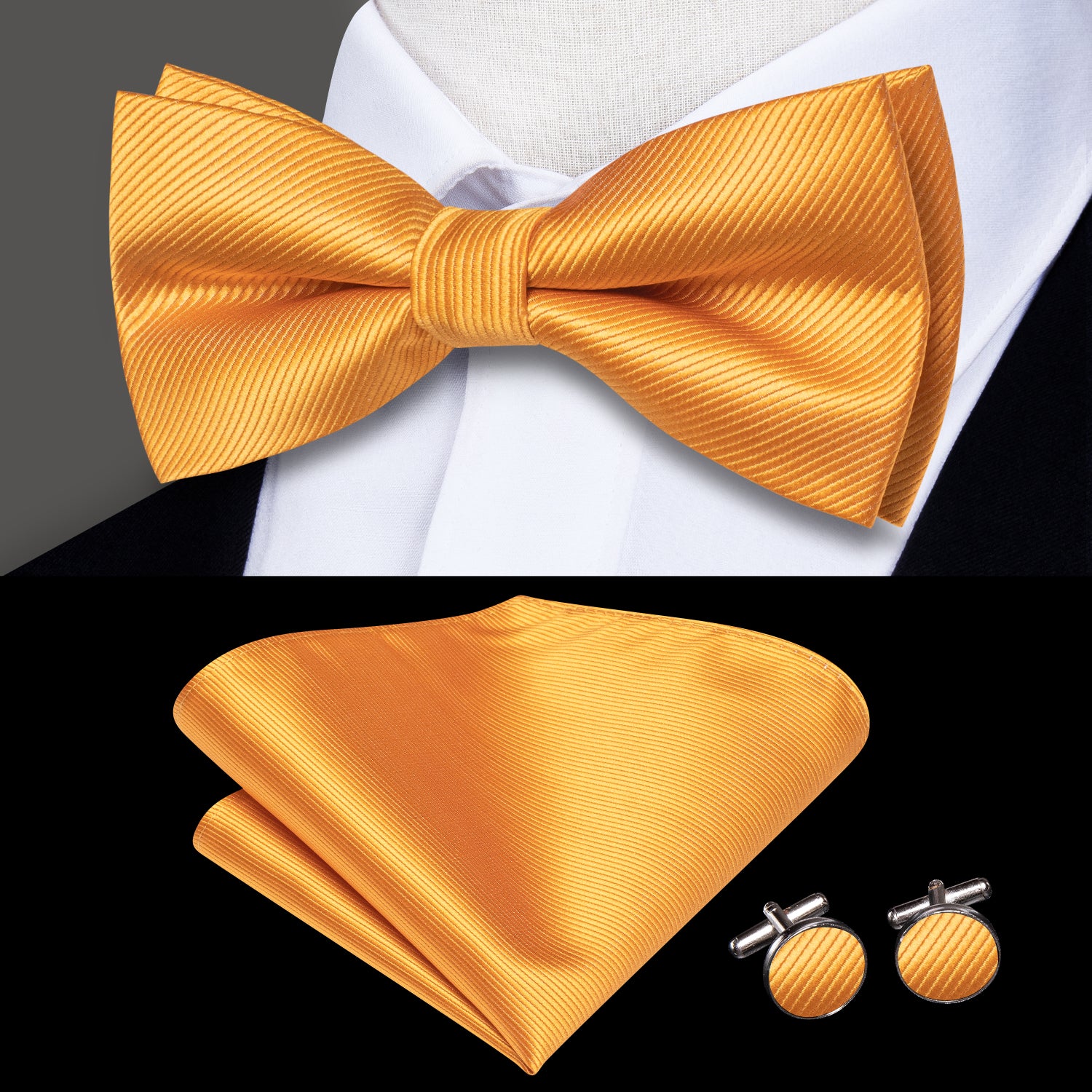 Golden Striped Pre-tied Bow Tie Hanky Cufflinks Set