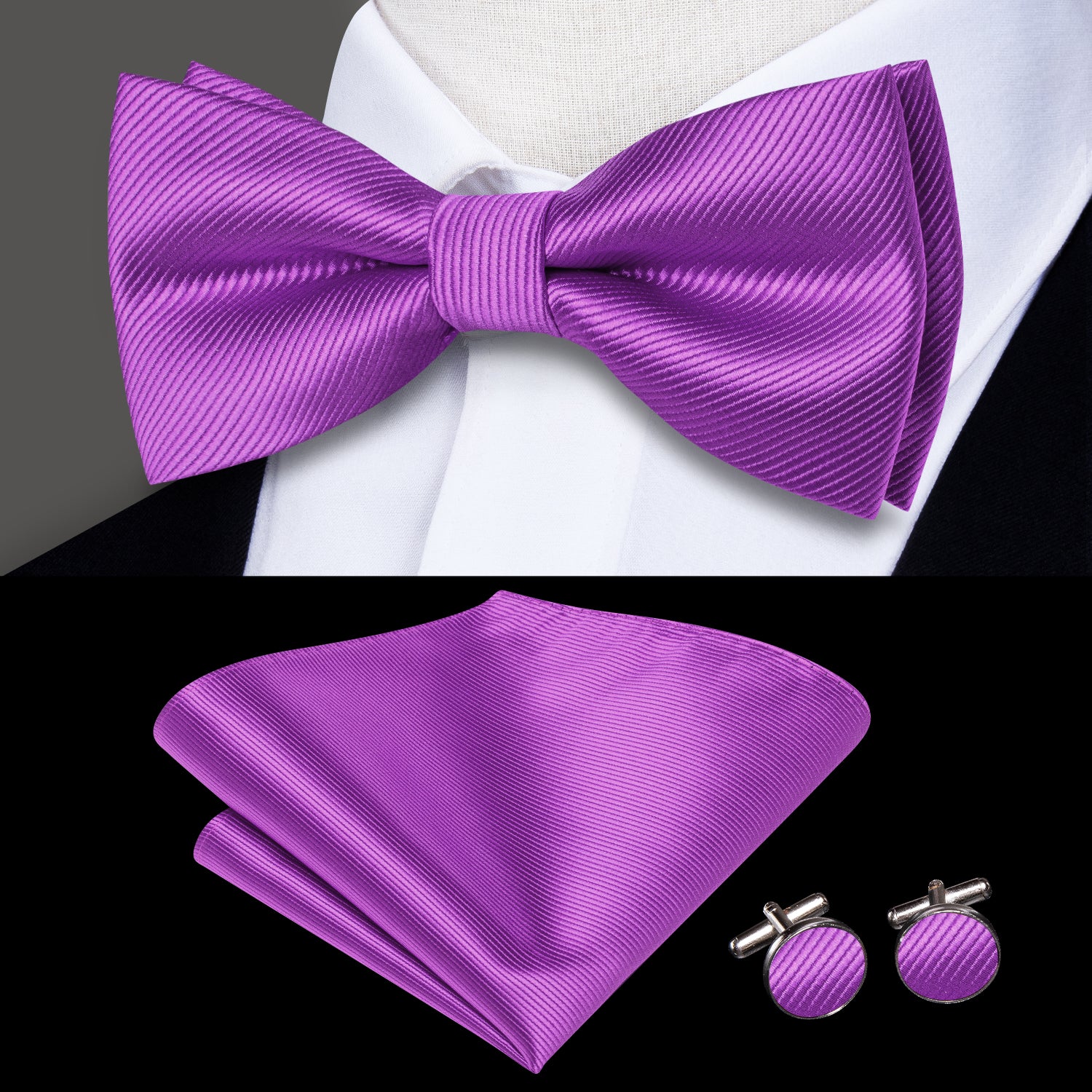 Purple Striped Pre-tied Bow Tie Hanky Cufflinks Set