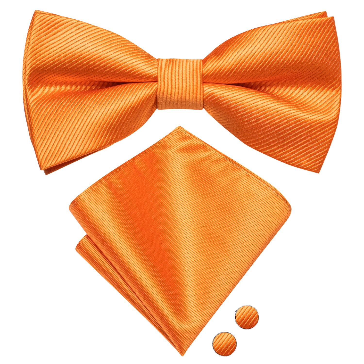 Orange Striped Pre-tied Bow Tie Hanky Cufflinks Set