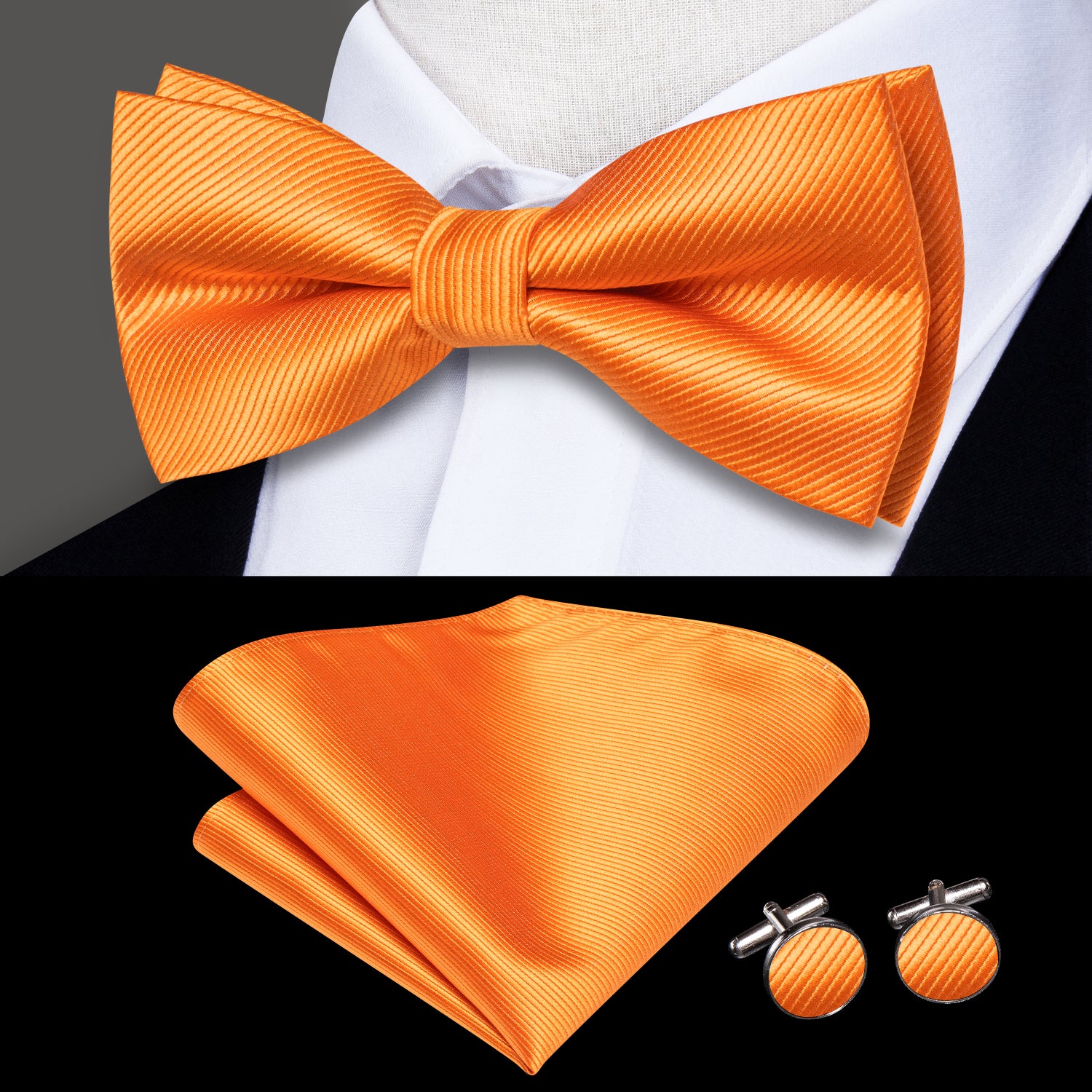 Orange Striped Pre-tied Bow Tie Hanky Cufflinks Set