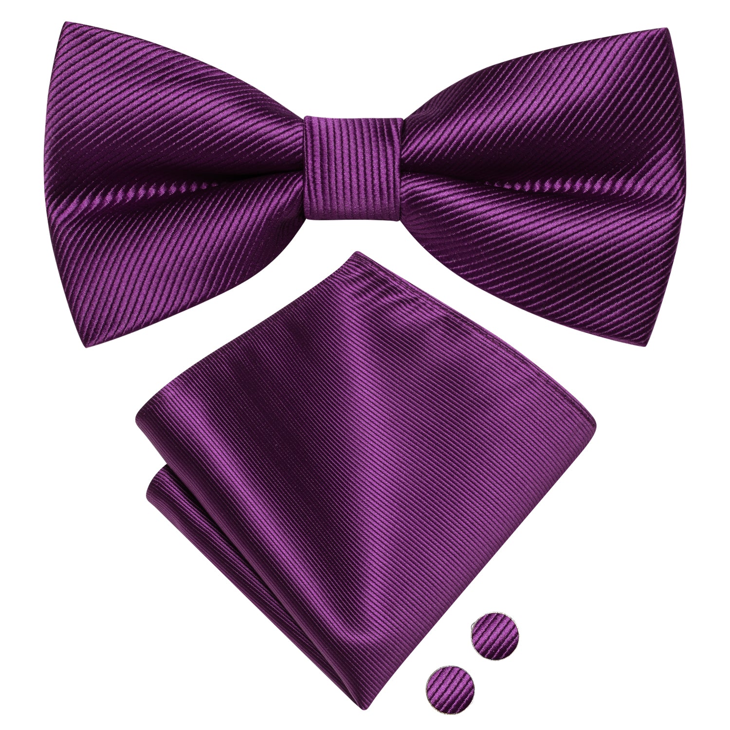 Dark Purple Striped Pre-tied Bow Tie Hanky Cufflinks Set