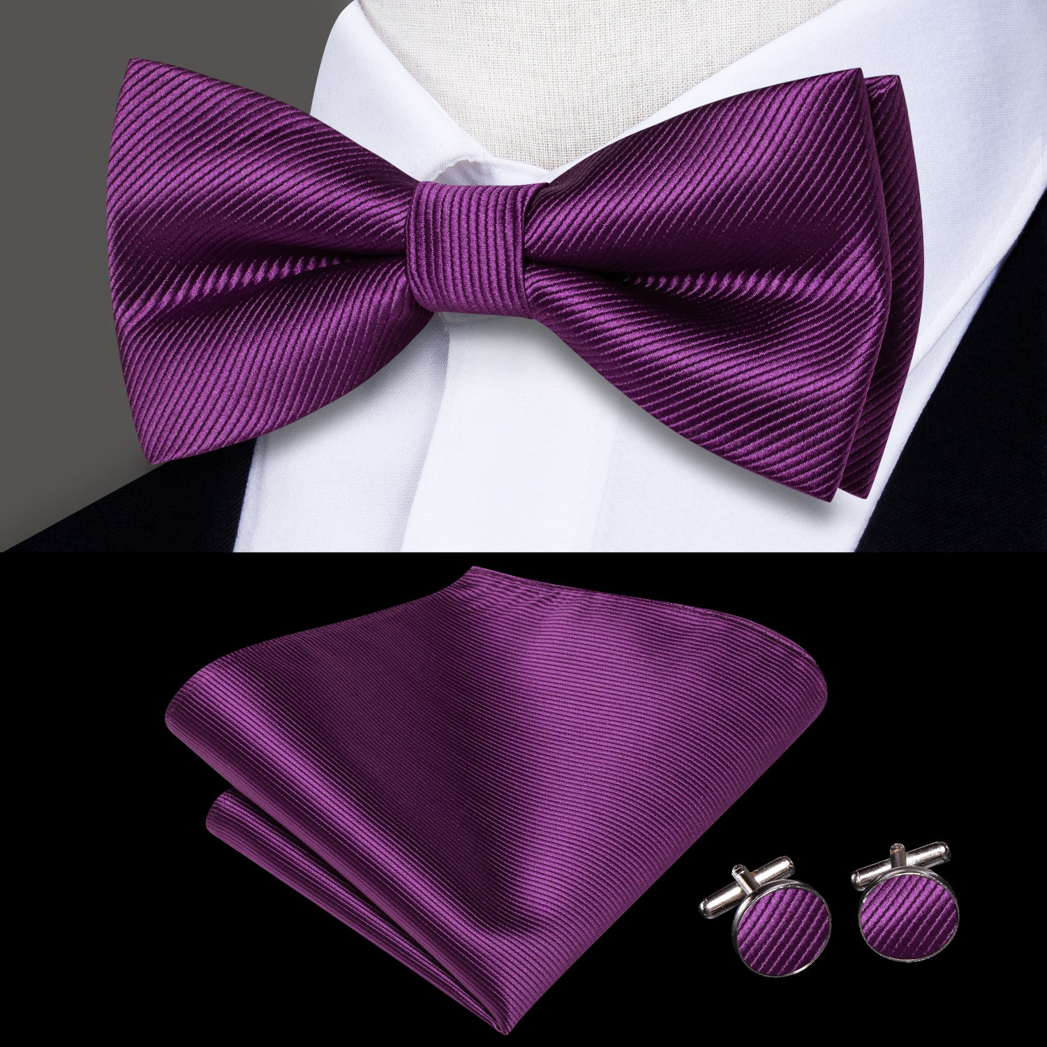 Dark Purple Striped Pre-tied Bow Tie Hanky Cufflinks Set