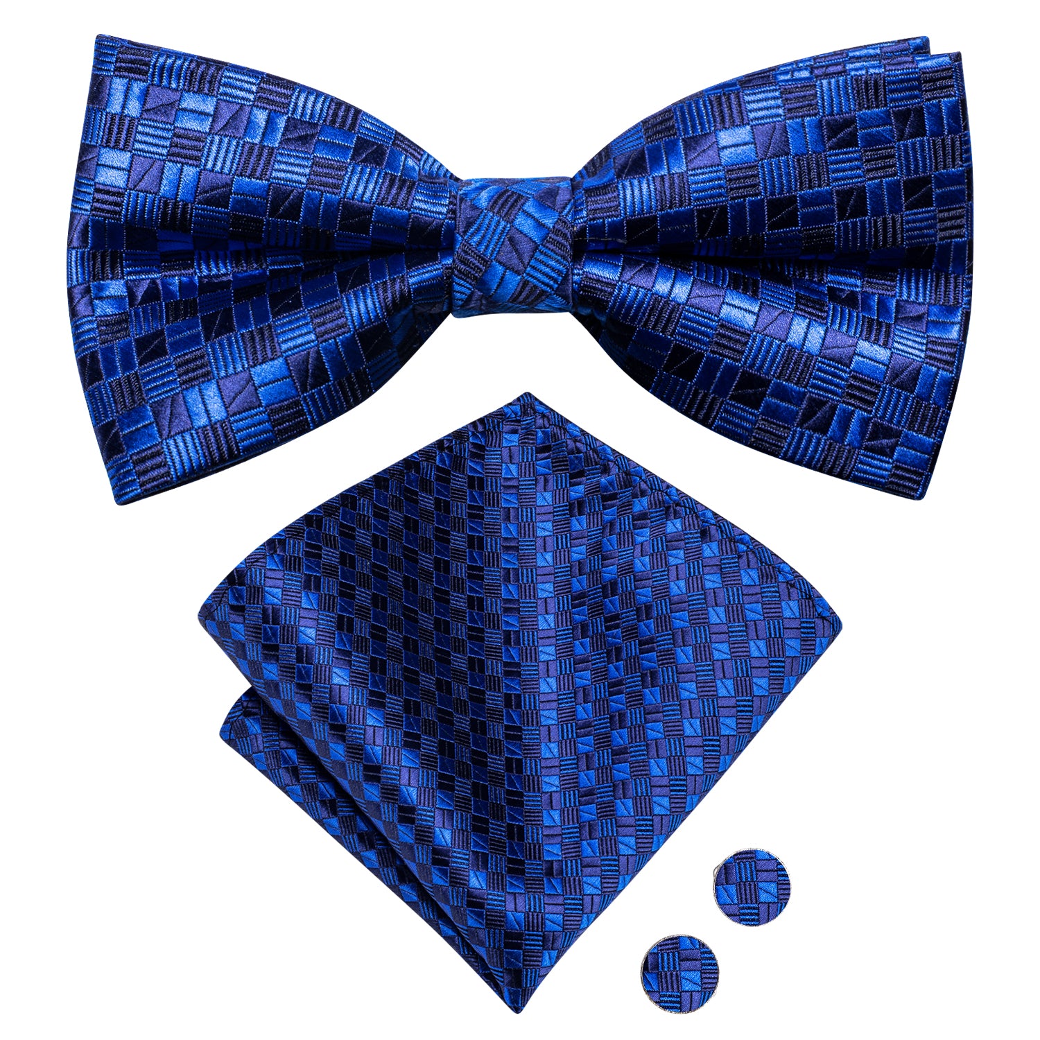 Royal Blue Geometric Plaid Silk Pre-tied Bow Tie Hanky Cufflinks Set