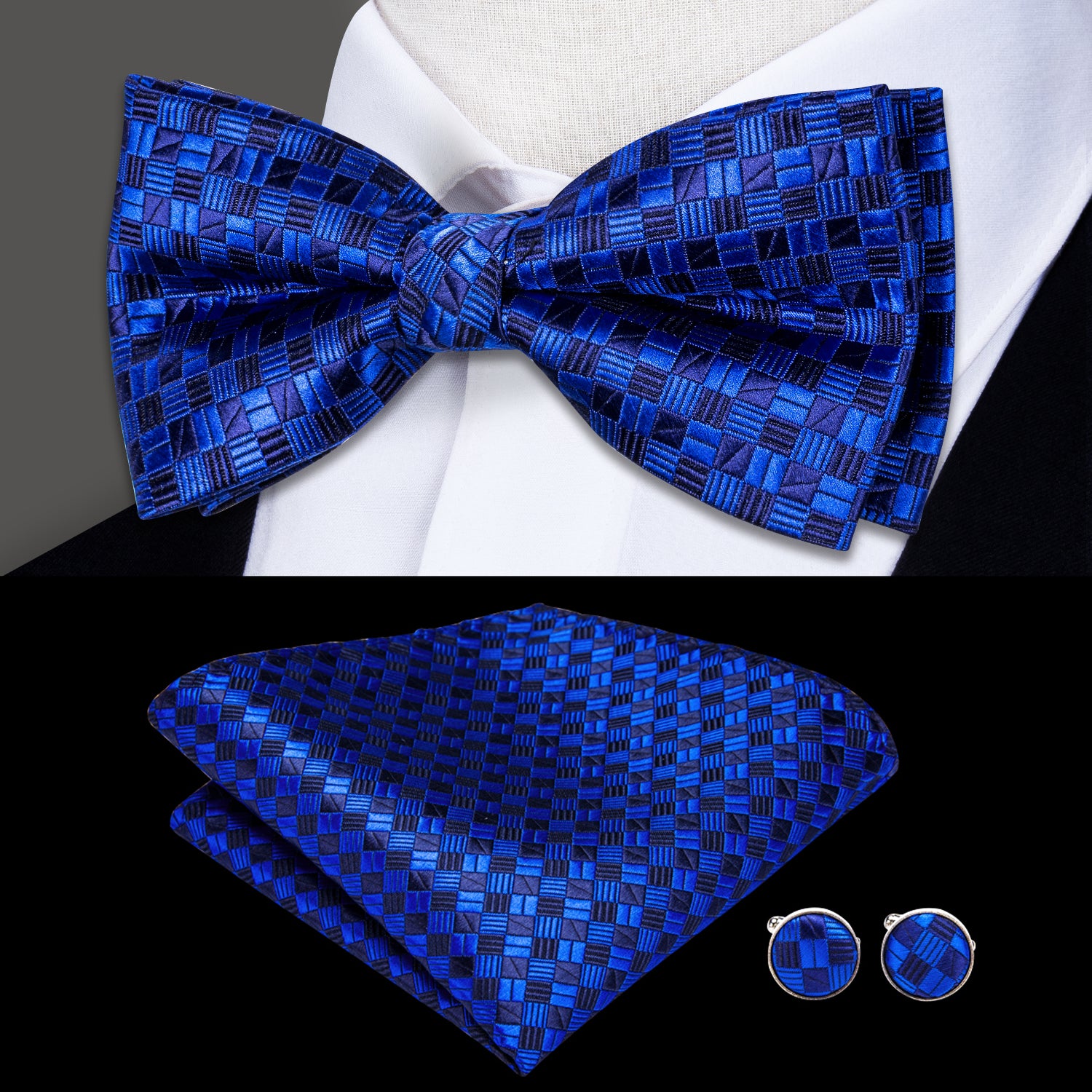 Royal Blue Geometric Plaid Silk Pre-tied Bow Tie Hanky Cufflinks Set
