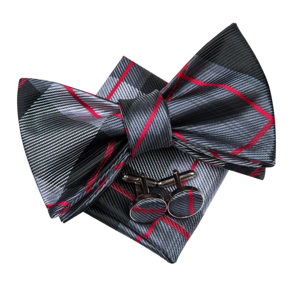 Classic Grey Black Plaid Self-tied Bow Tie Pocket Square Cufflinks Set