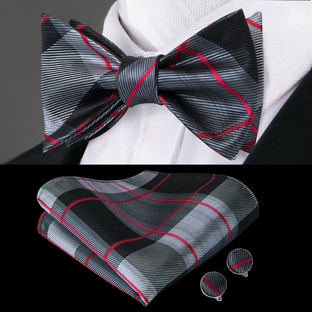 Classic Grey Black Plaid Self-tied Bow Tie Pocket Square Cufflinks Set