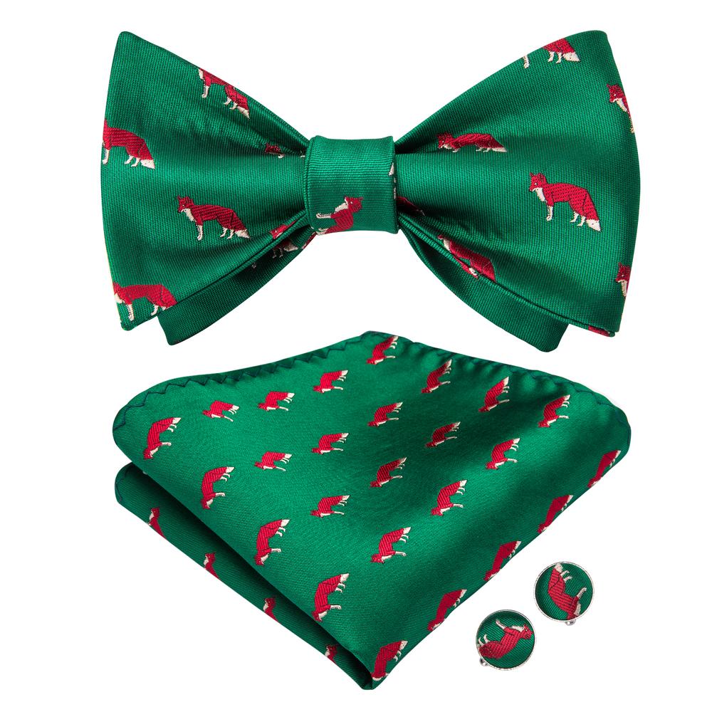 Clearance Sale Green Fox Novelty Self-tied Bow Tie Pocket Square Cufflinks Set