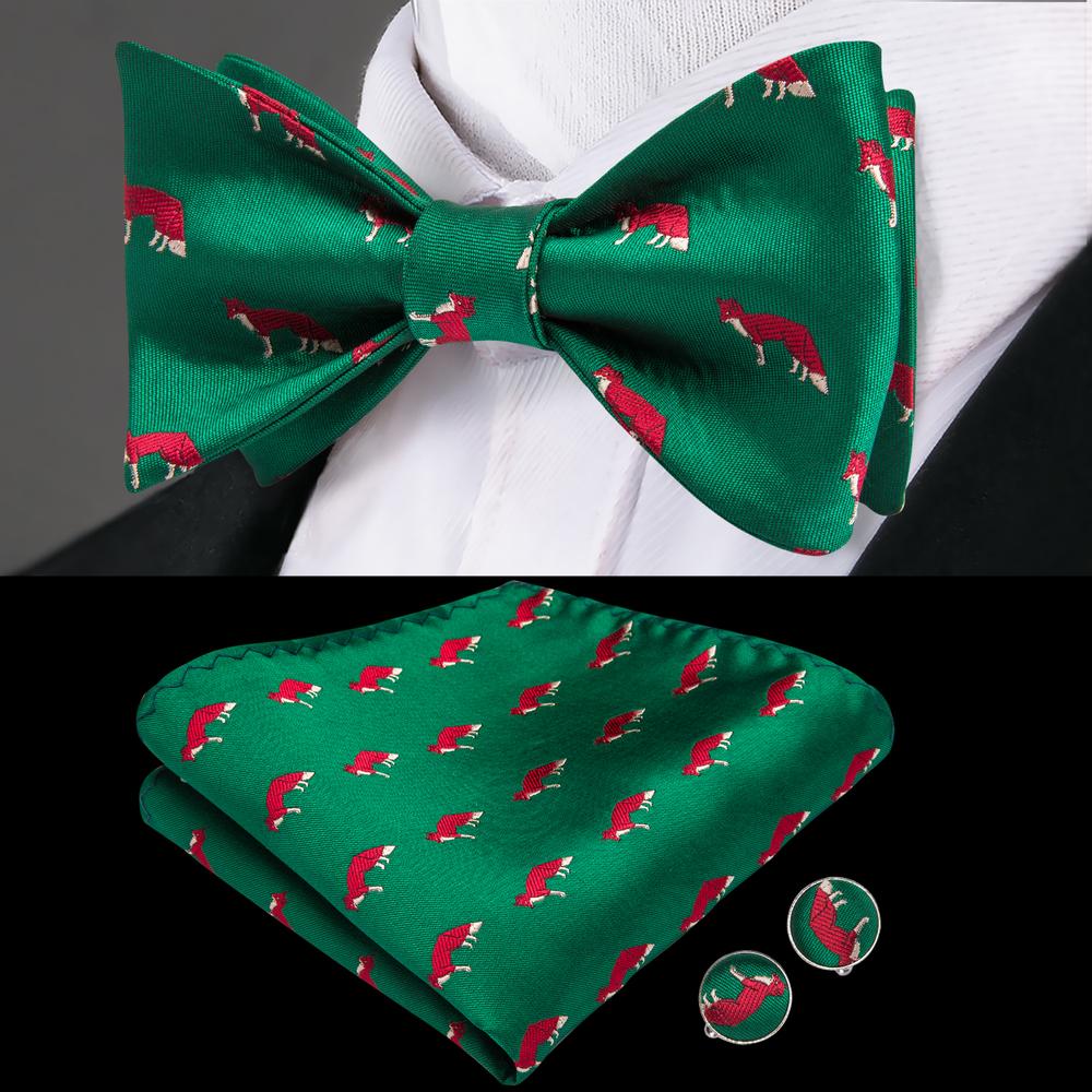 Clearance Sale Green Fox Novelty Self-tied Bow Tie Pocket Square Cufflinks Set