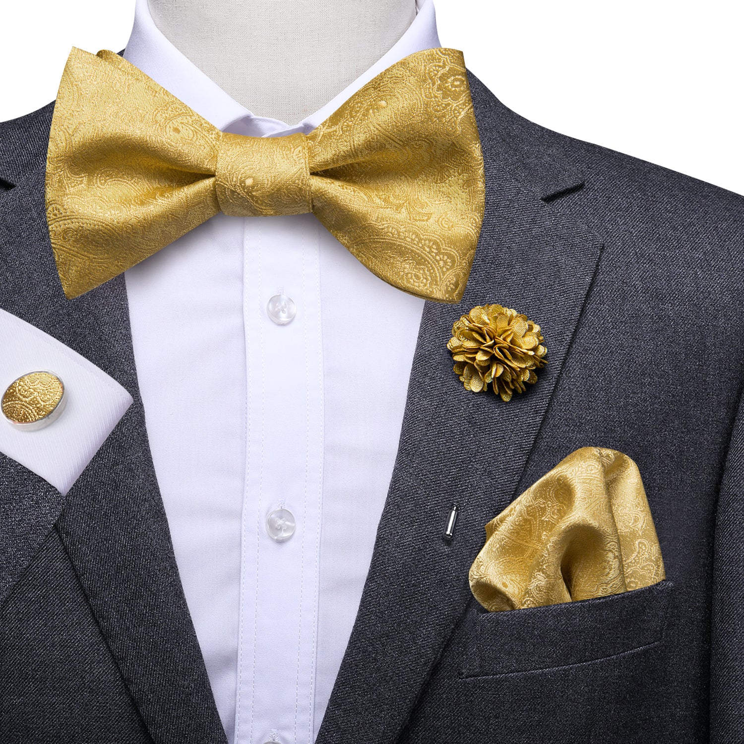 King Gold Solid Self-tied Bow Tie Pocket Square Cufflinks Pin Set