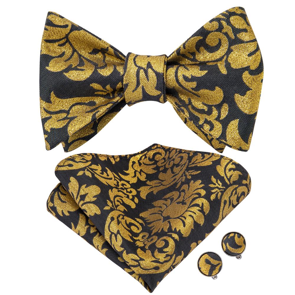 Black Gold Floral Silk Self-tied Bow Tie Pocket Square Cufflinks Pin Set
