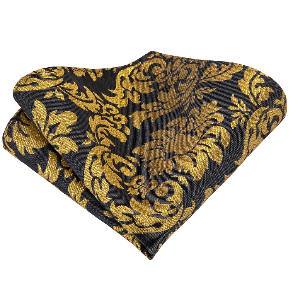 Black Gold Floral Silk Self-tied Bow Tie Pocket Square Cufflinks Pin Set