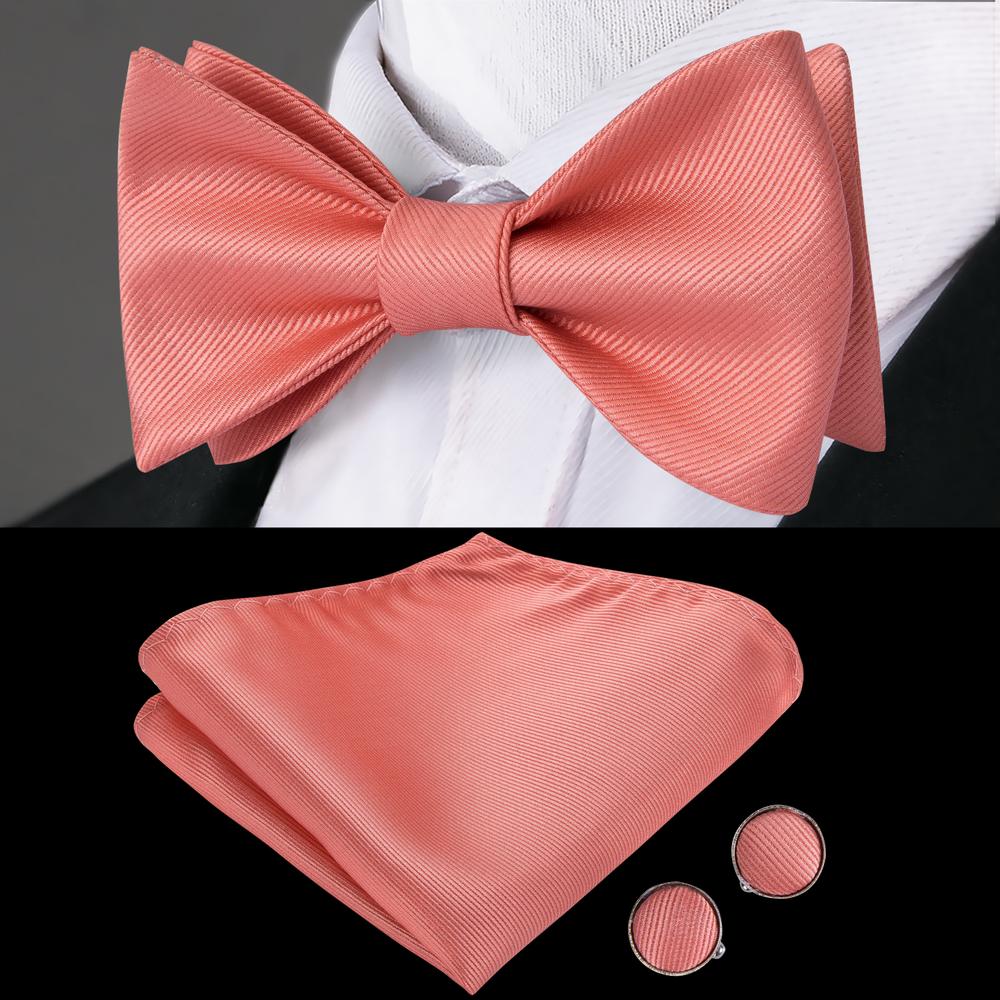 Unqiue Coral Solid Self-tied Bow Tie Pocket Square Cufflinks Pin Set