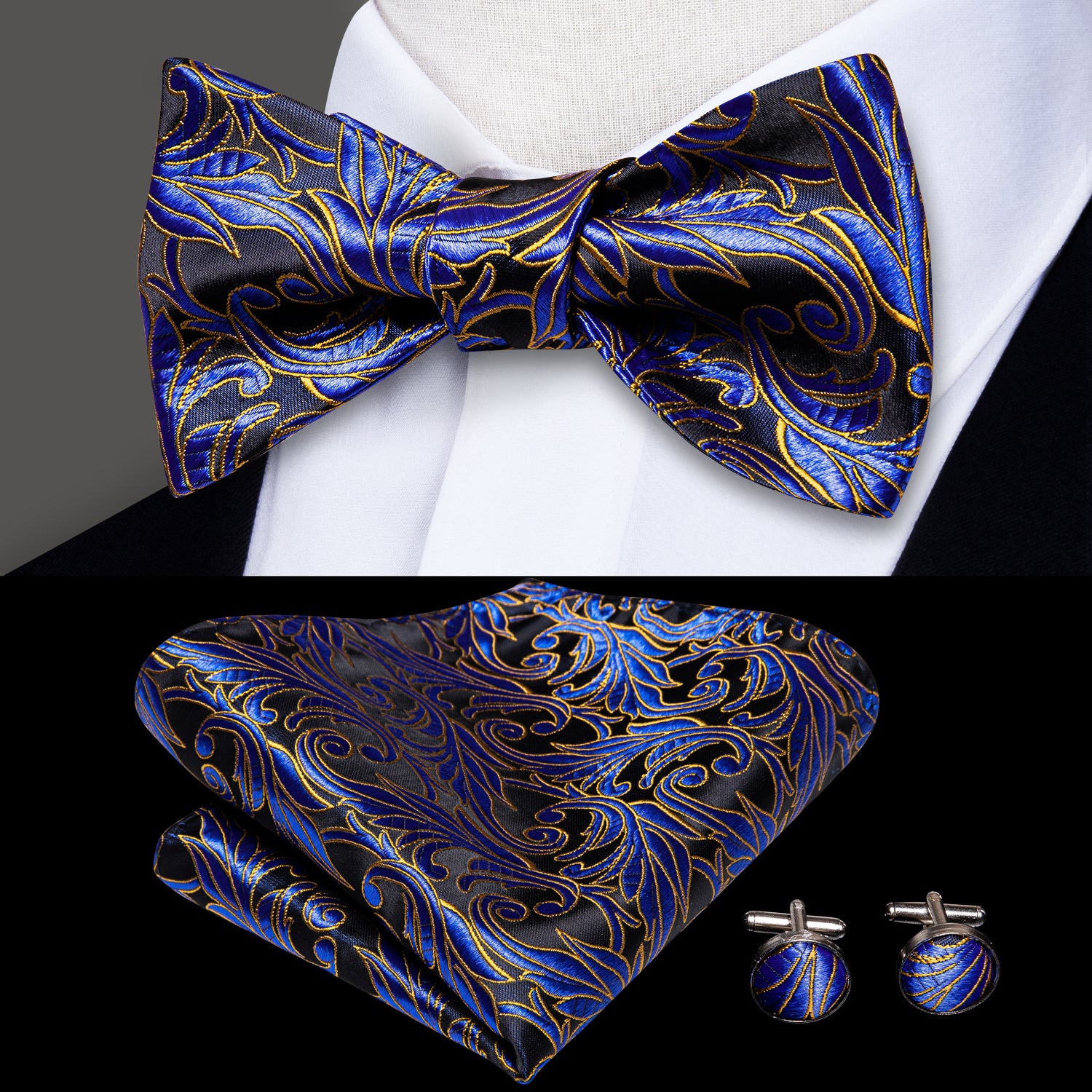 Blue Golden Paisley Self-tied Bow Tie Pocket Square Cufflinks Set