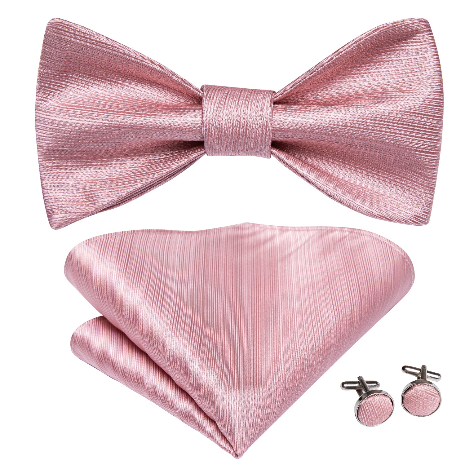 Pink Solid Self-tied Bow Tie Pocket Square Cufflinks Set