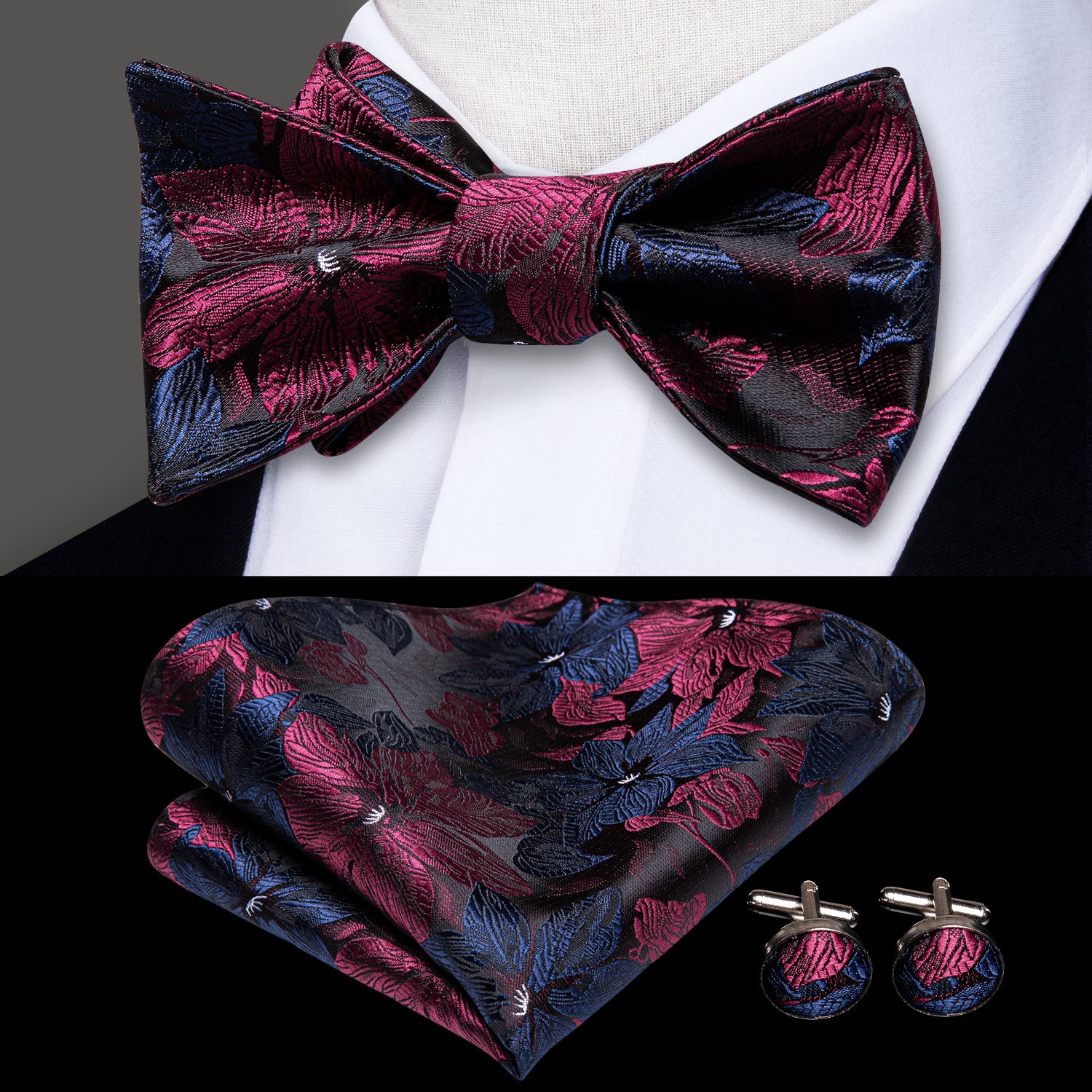 Blue Red Floral Self-tied Bow Tie Pocket Square Cufflinks Set