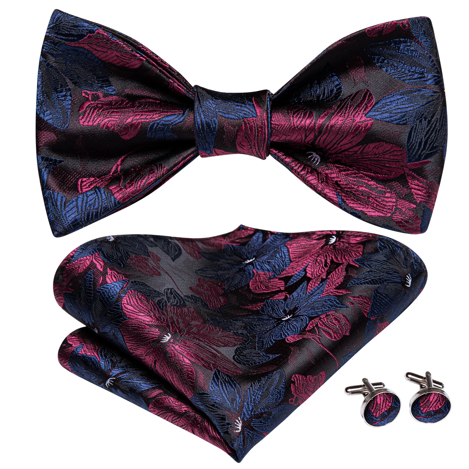 Blue Red Floral Self-tied Bow Tie Pocket Square Cufflinks Set