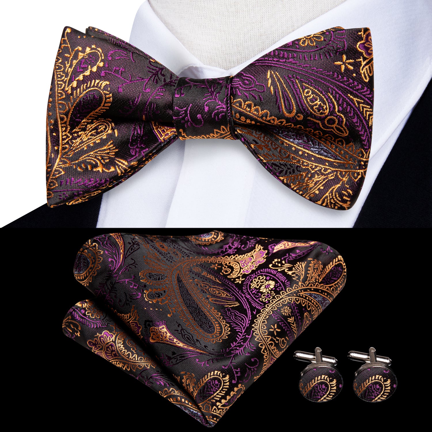 New Black Purple Golden Paisley Self-tied Bow Tie Pocket Square Cufflinks Set