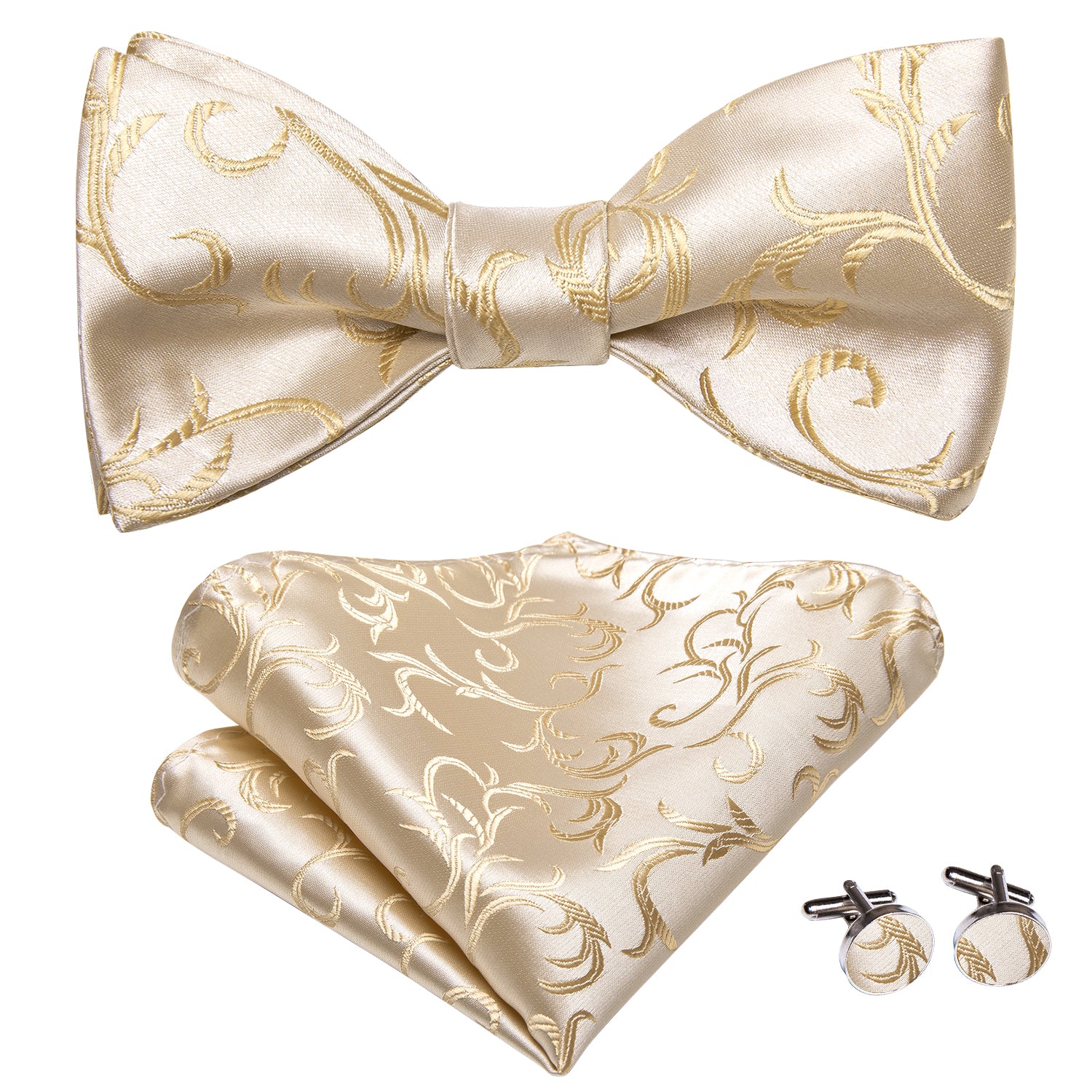 New White Champagne Leaves Self-tied Bow Tie Pocket Square Cufflinks Set