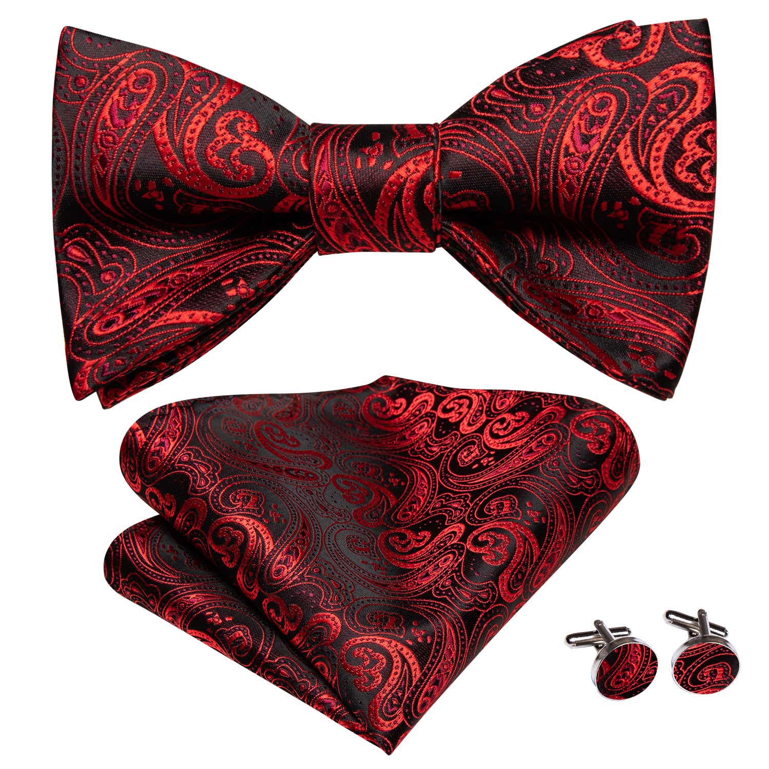 New Black Red Paisley  Self-tied Bow Tie Pocket Square Cufflinks Set