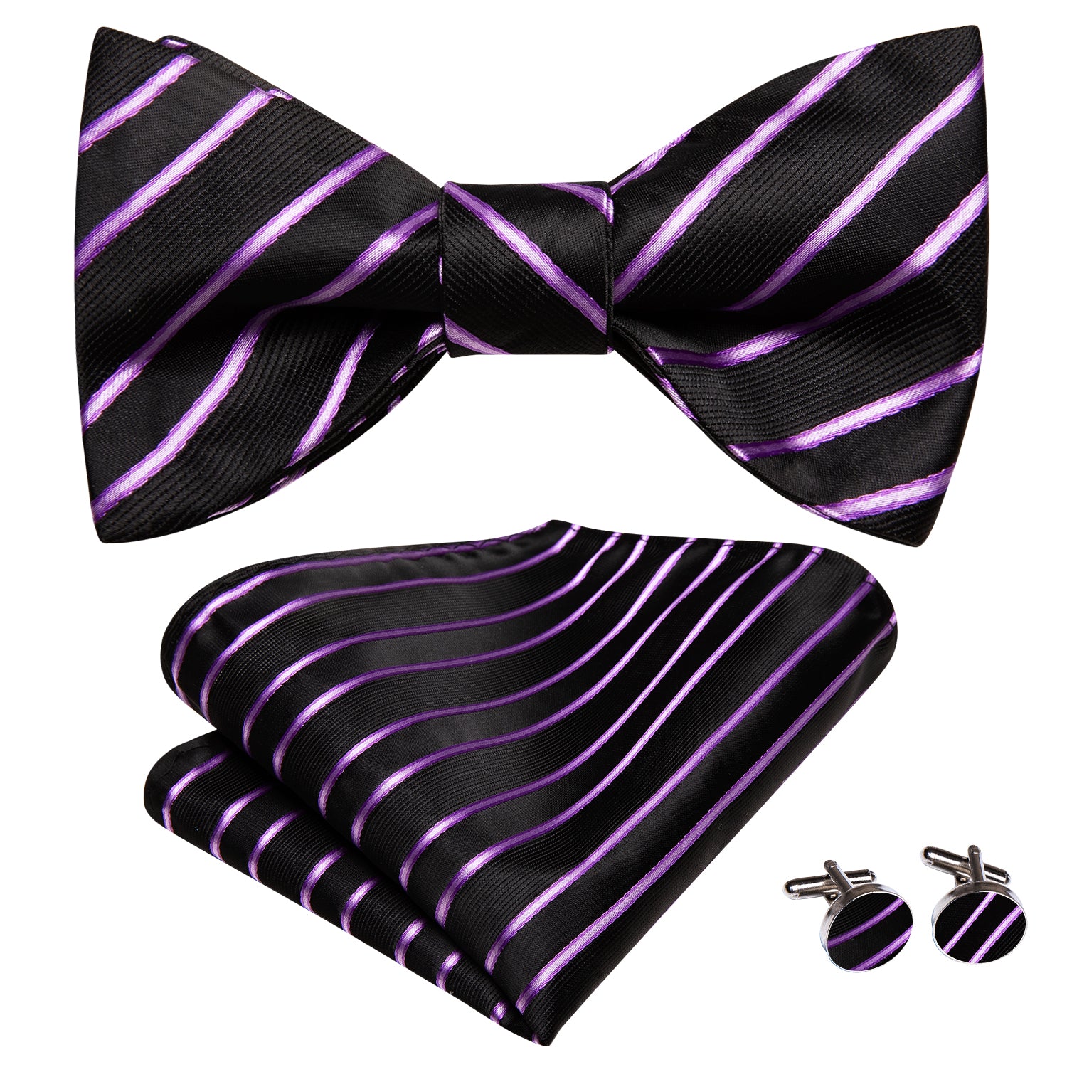 New Black Purple Strip Self-tied Bow Tie Pocket Square Cufflinks Set