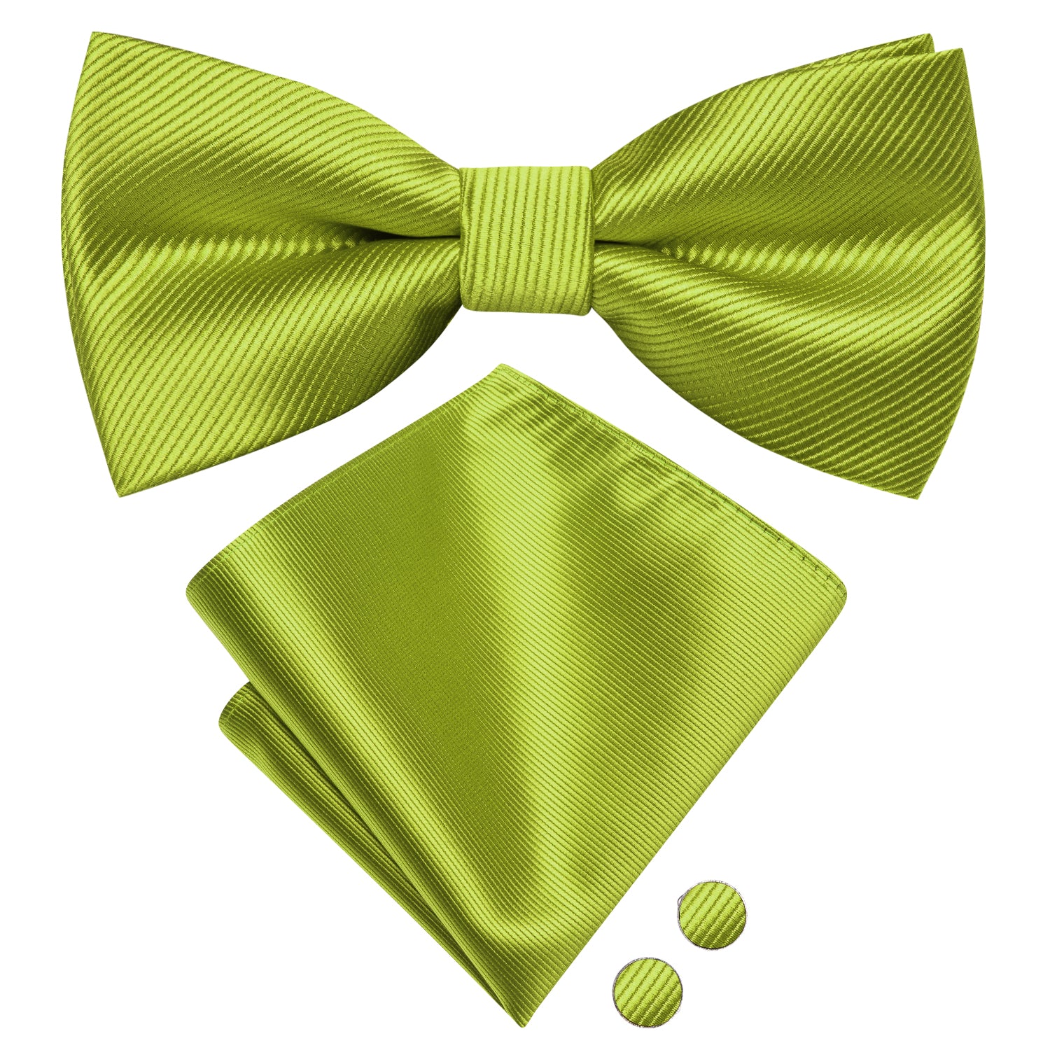 Leaf Green Striped Pre-tied Bow Tie Hanky Cufflinks Set