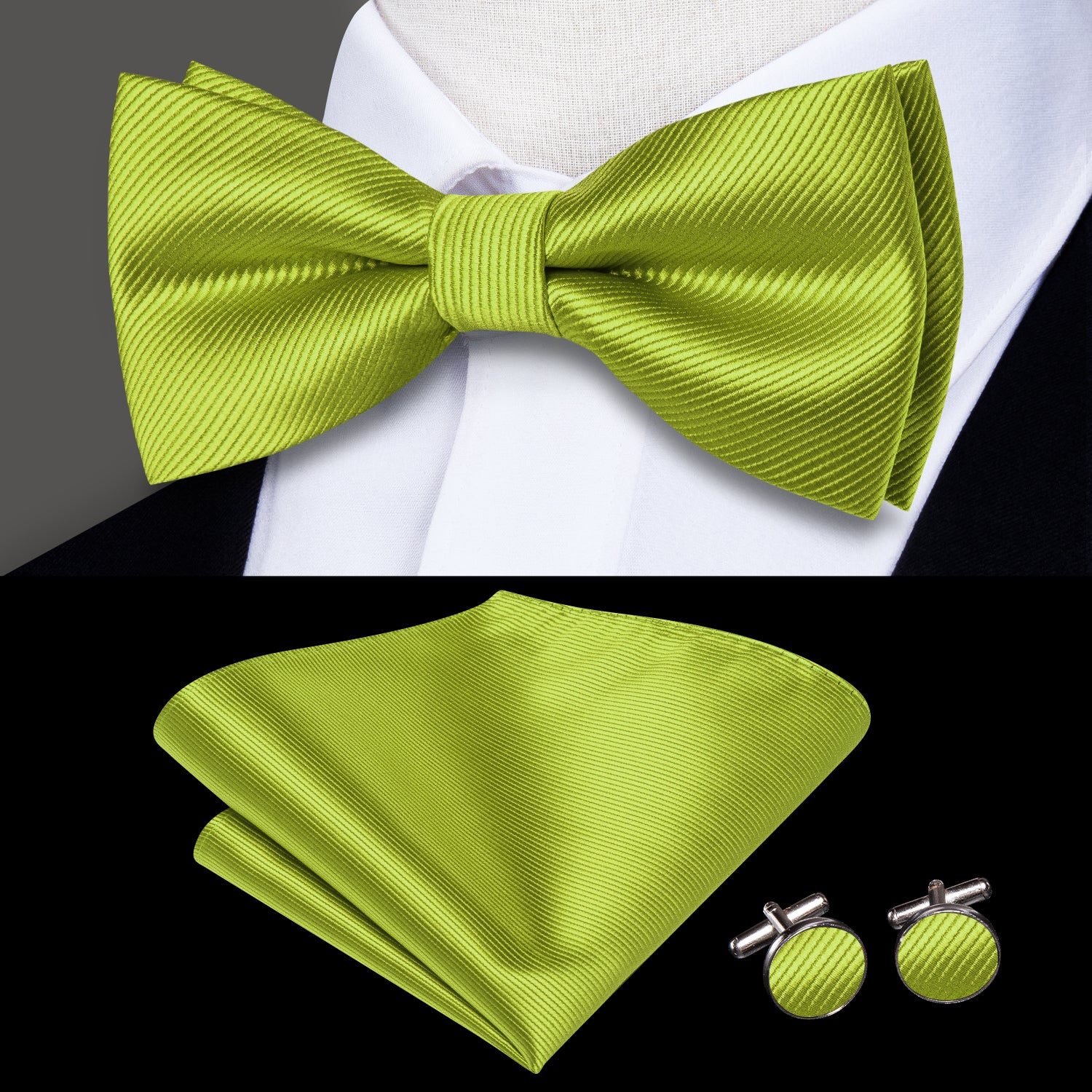 Leaf Green Striped Pre-tied Bow Tie Hanky Cufflinks Set