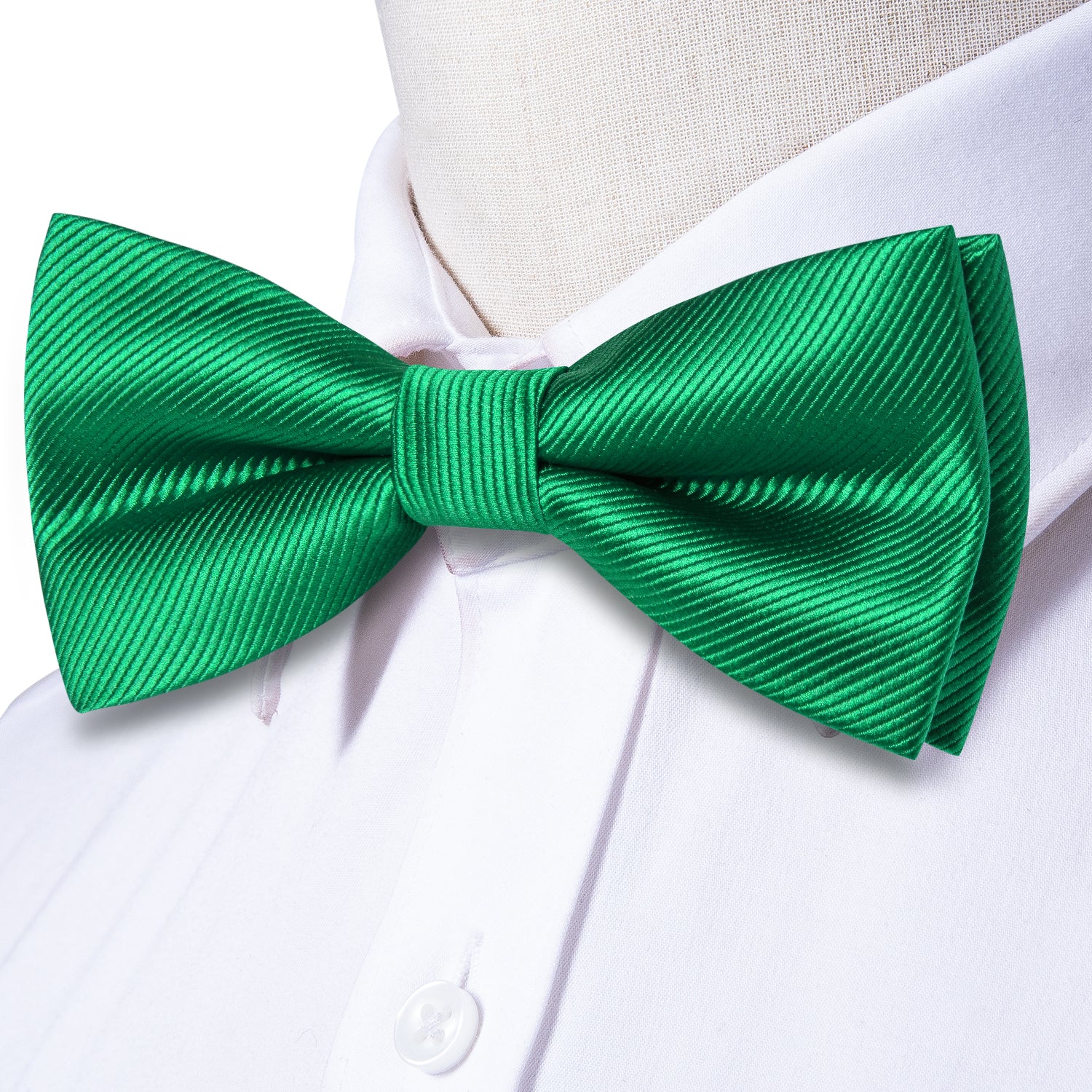 Grass Green Striped Pre-tied Bow Tie Hanky Cufflinks Set