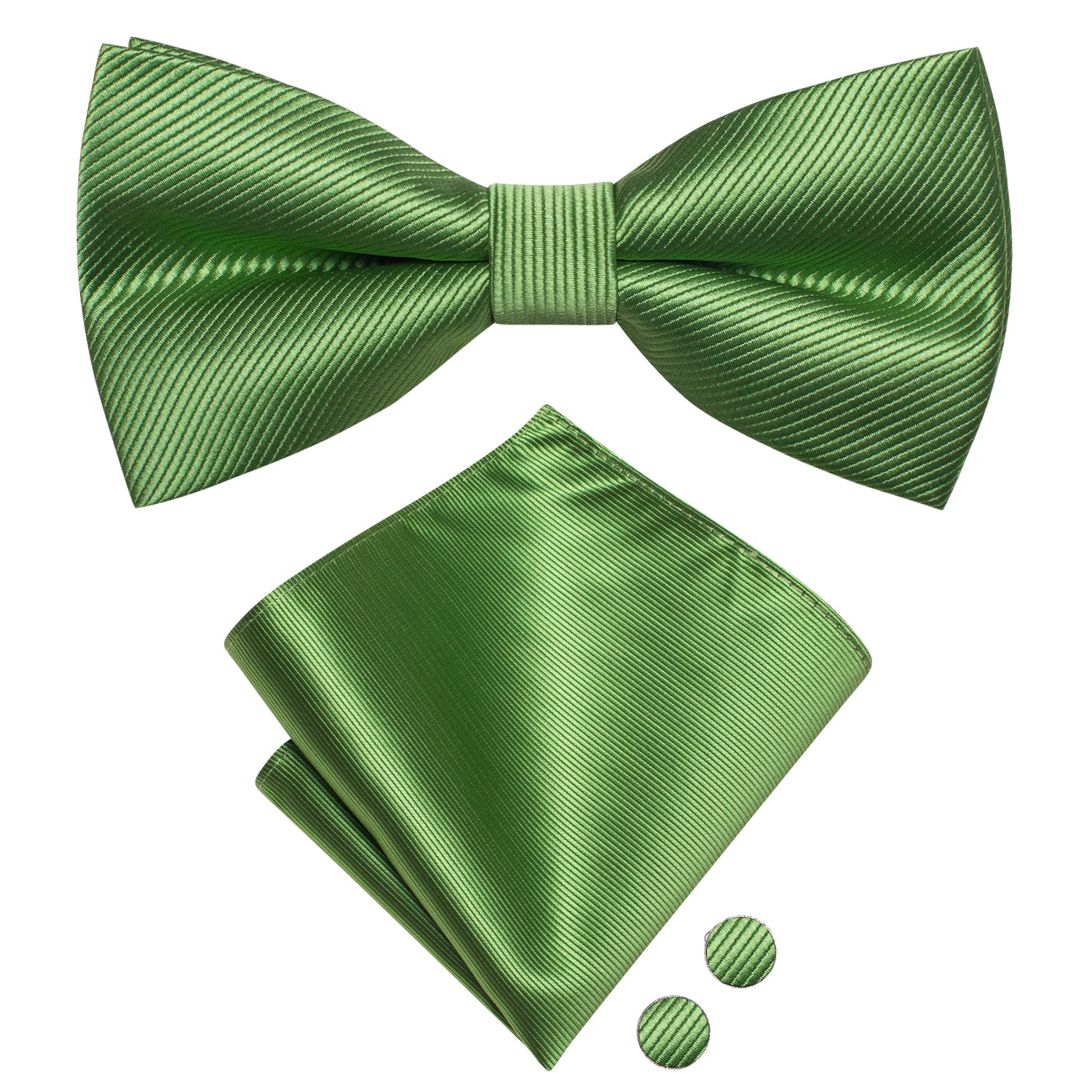 Olive Green Striped Pre-tied Bow Tie Hanky Cufflinks Set