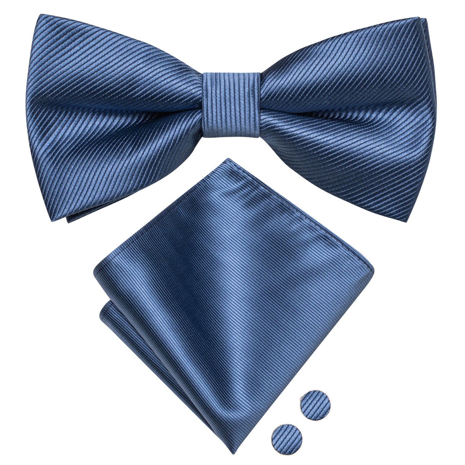 Dark Dusty Blue Striped Pre-tied Bow Tie Hanky Cufflinks Set