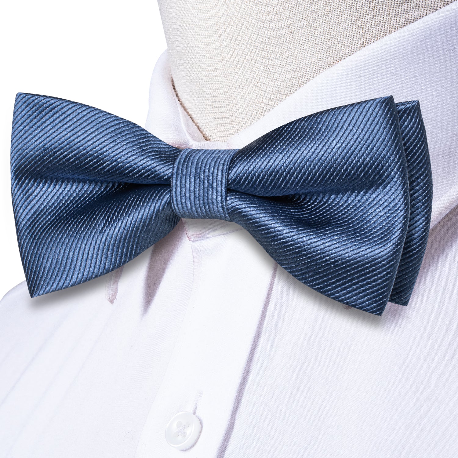 Dark Dusty Blue Striped Pre-tied Bow Tie Hanky Cufflinks Set