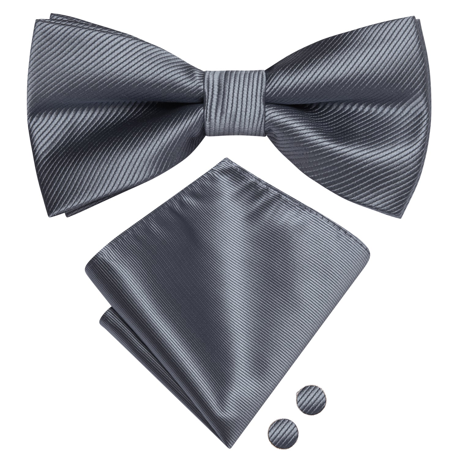 Grey Striped Pre-tied Bow Tie Hanky Cufflinks Set