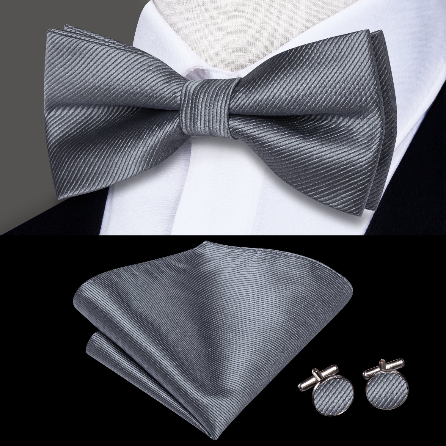 Grey Striped Pre-tied Bow Tie Hanky Cufflinks Set