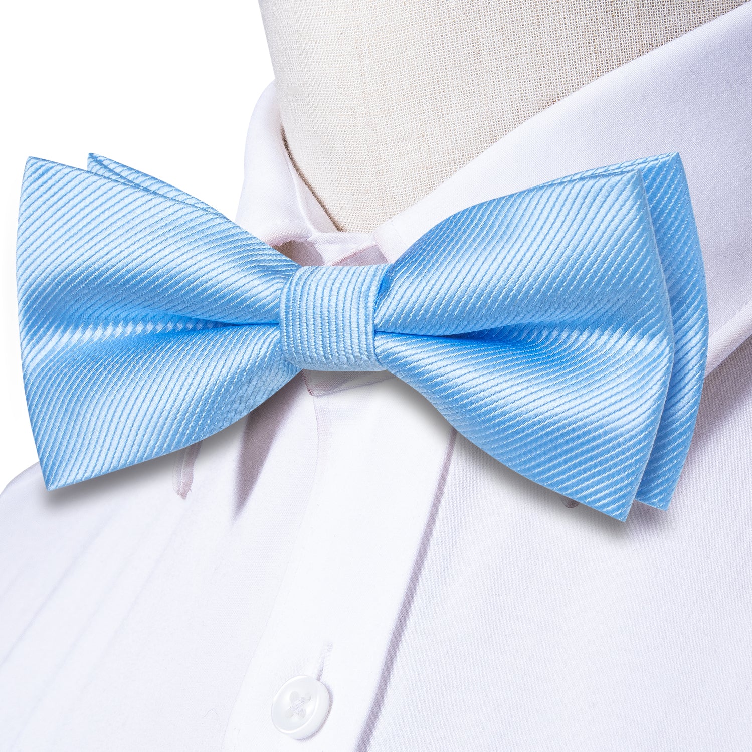 Light Blue Striped Pre-tied Bow Tie Hanky Cufflinks Set