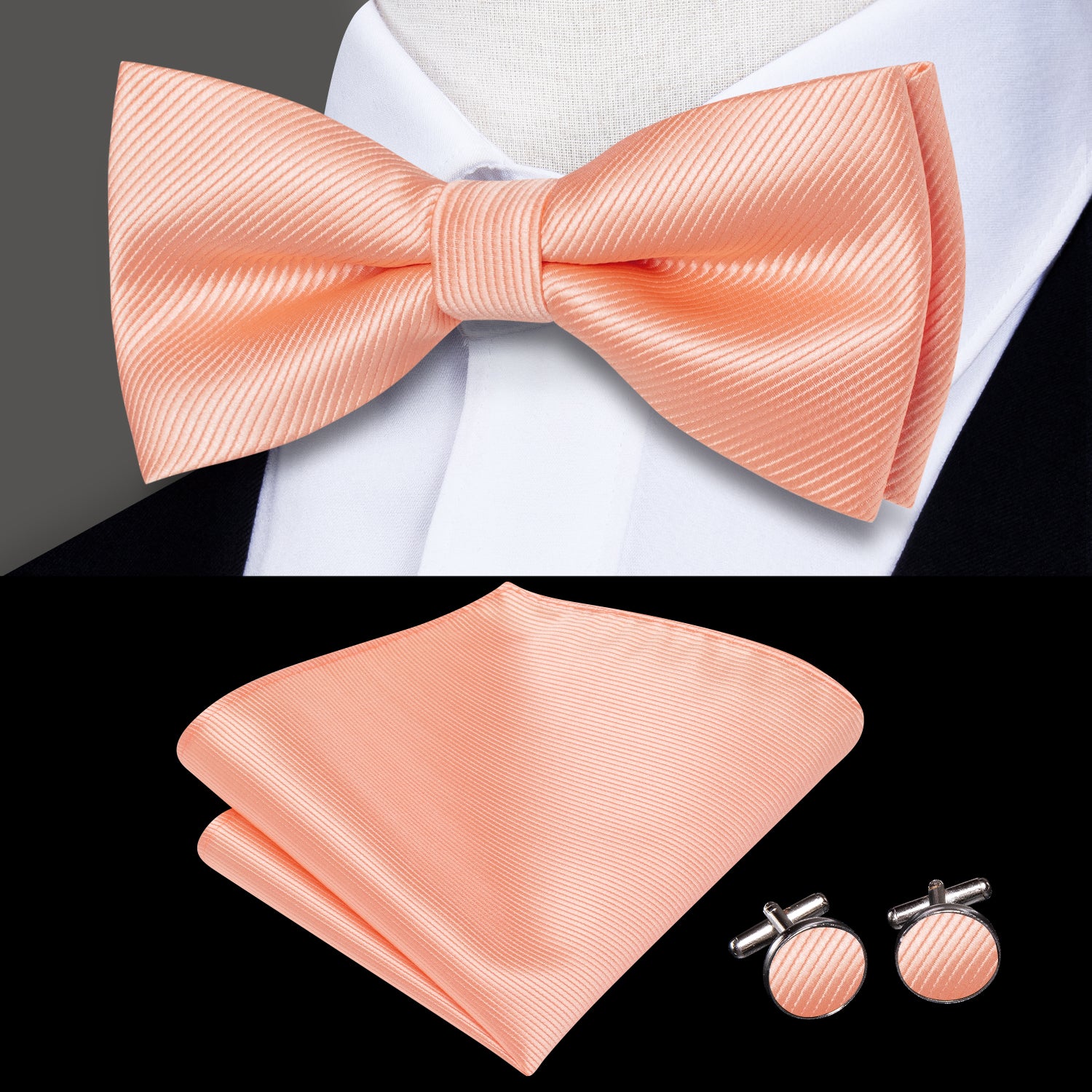 Coral Pink Striped Pre-tied Bow Tie Hanky Cufflinks Set