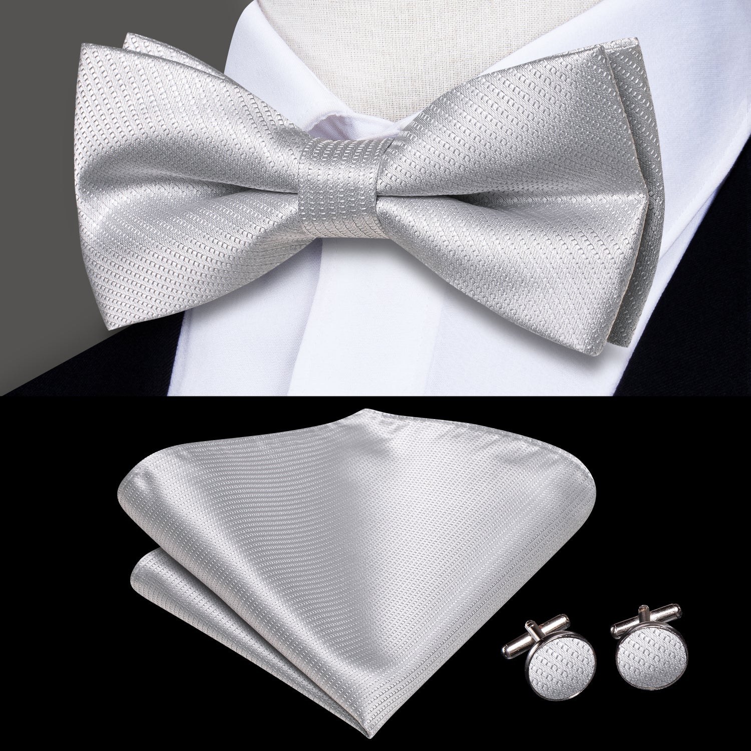 New Silver Striped Pre-tied Bow Tie Hanky Cufflinks Set
