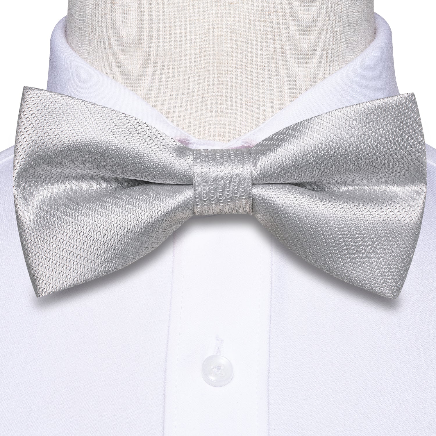 New Silver Striped Pre-tied Bow Tie Hanky Cufflinks Set
