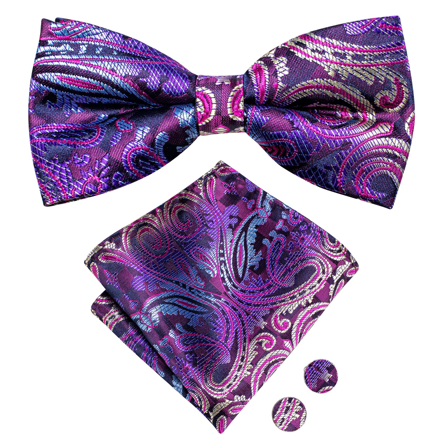 Blue Purple Paisley Silk Pre-tied Bow Tie Hanky Cufflinks Set
